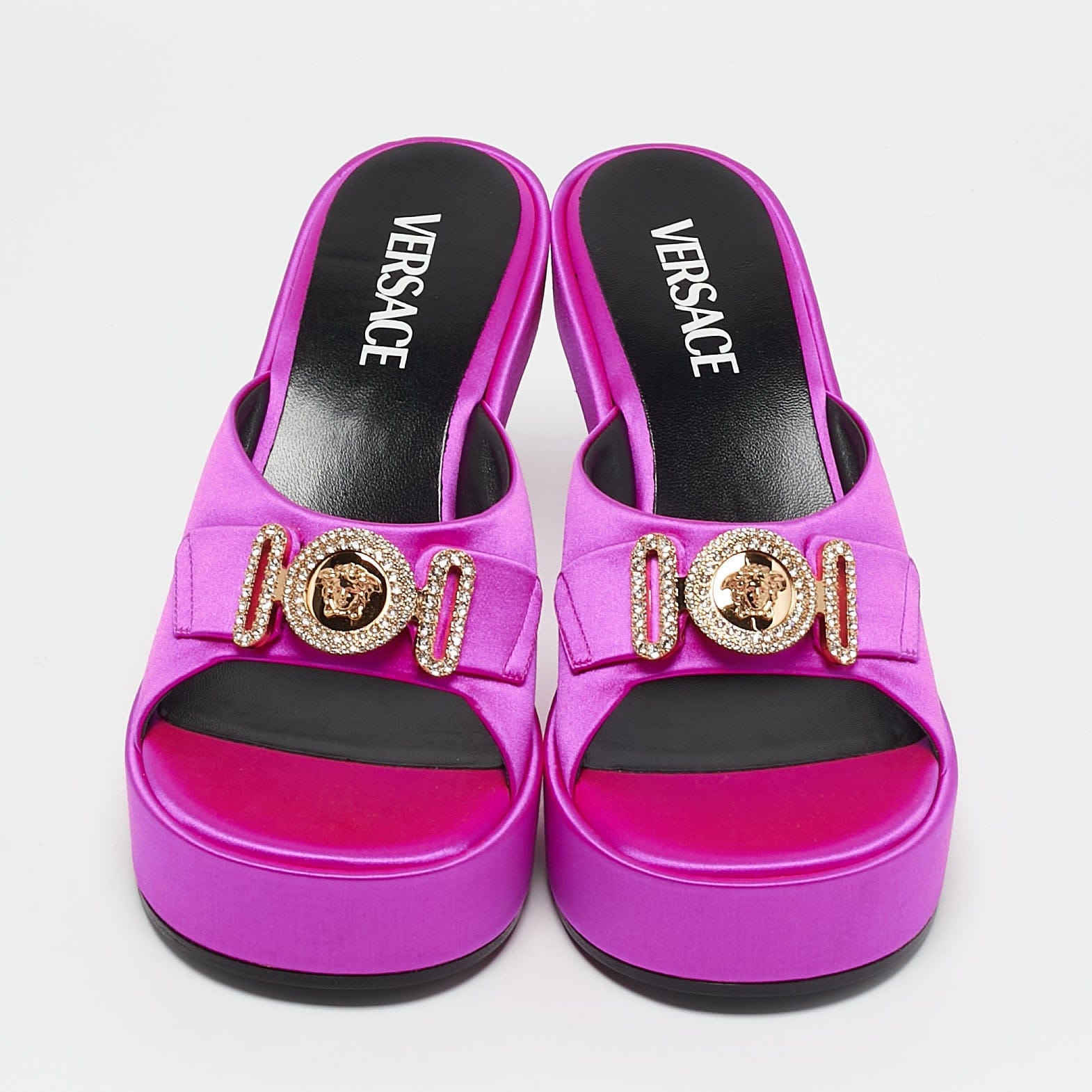Versace Fuchsia Satin Medusa Biggie Mules