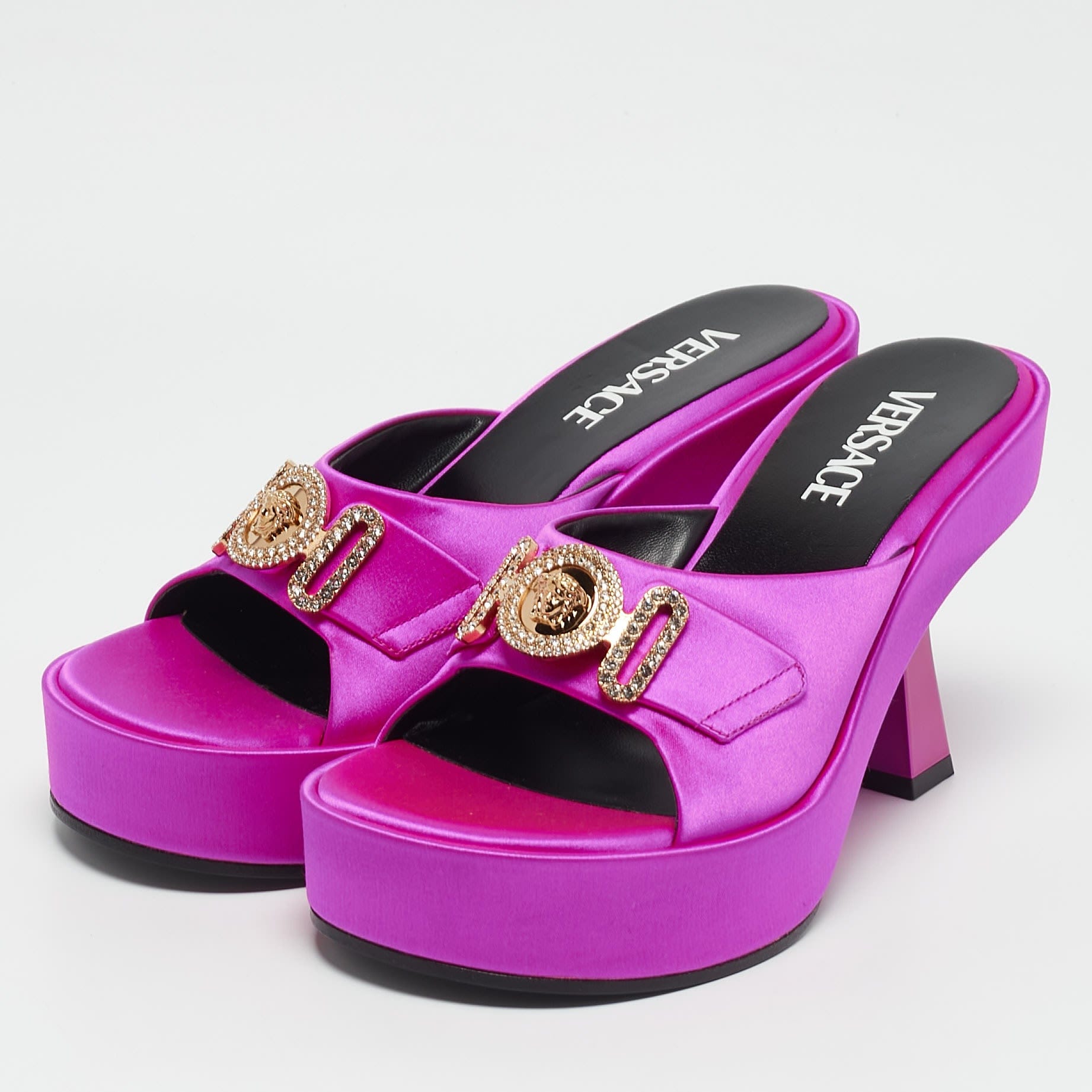 Versace Fuchsia Satin Medusa Biggie Mules