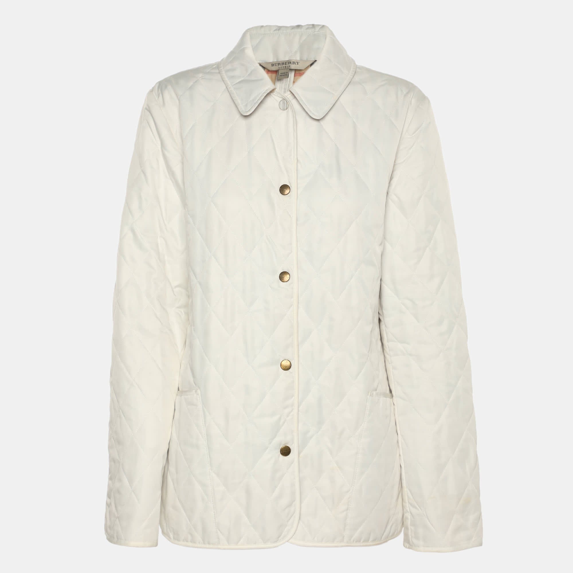 Burberry London White Diamond Quilted Nylon Button Front Jacket O/s
