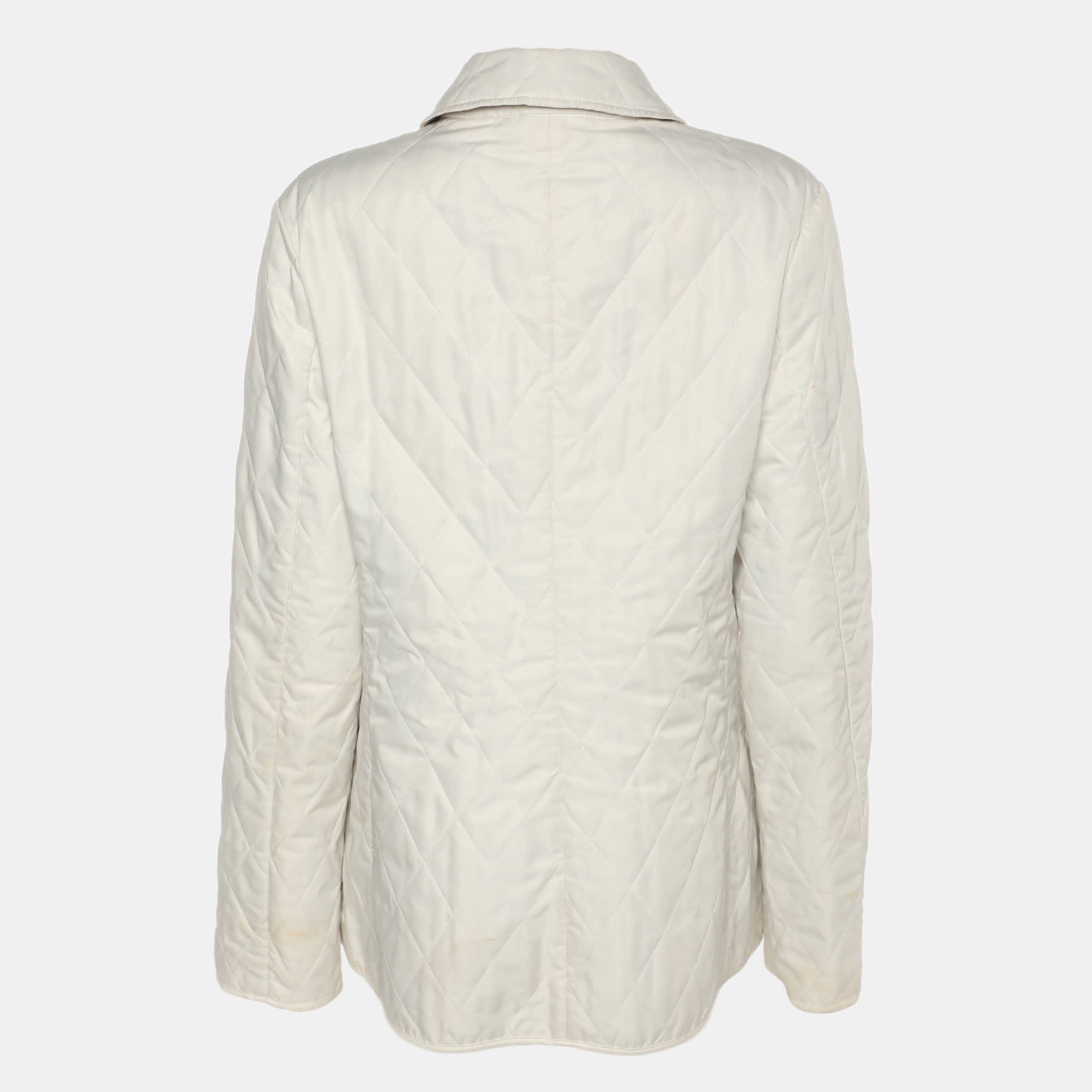 Burberry London White Diamond Quilted Nylon Button Front Jacket O/s
