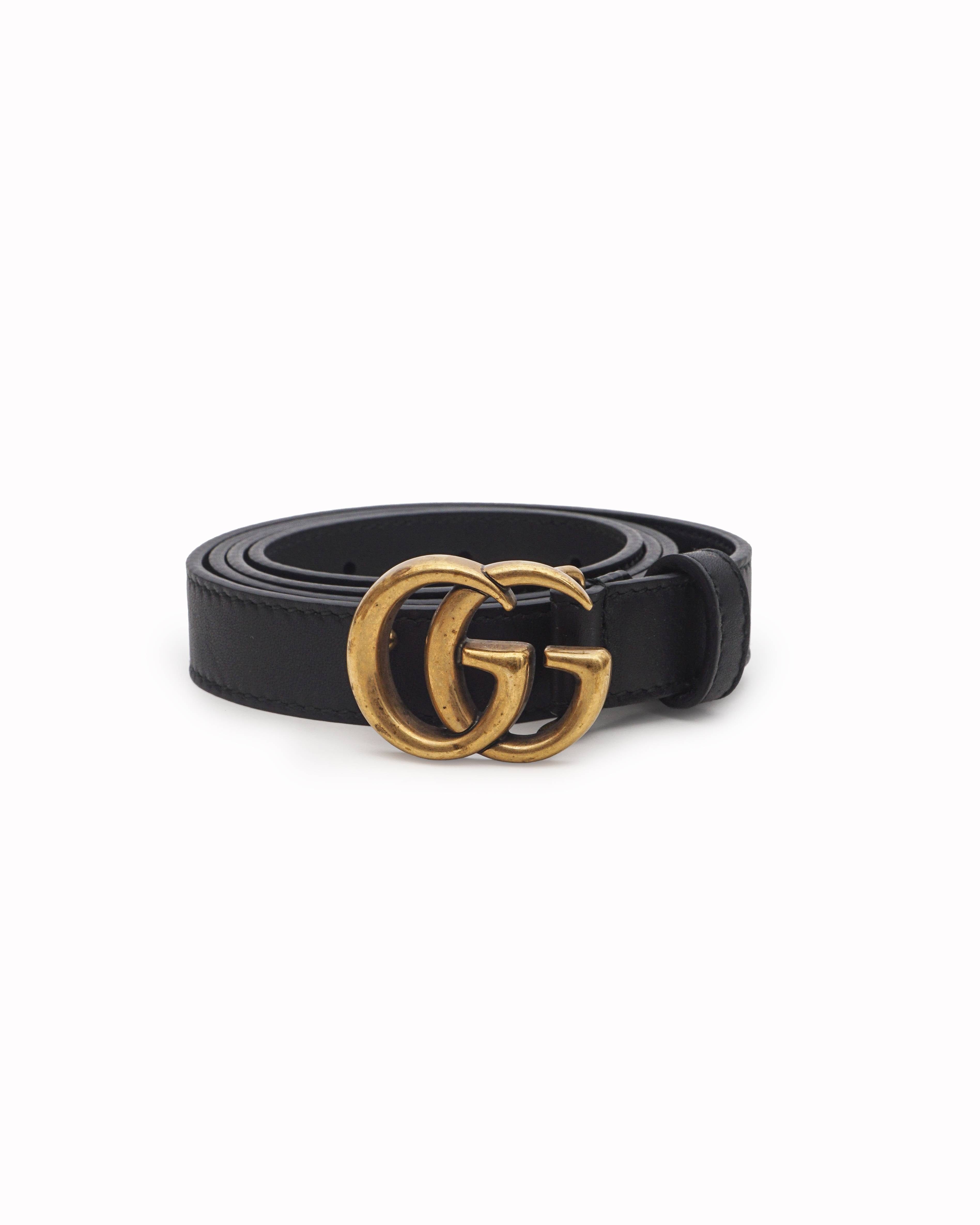 Gucci Black Leather Marmont Double G Antique Gold Buckle Belt