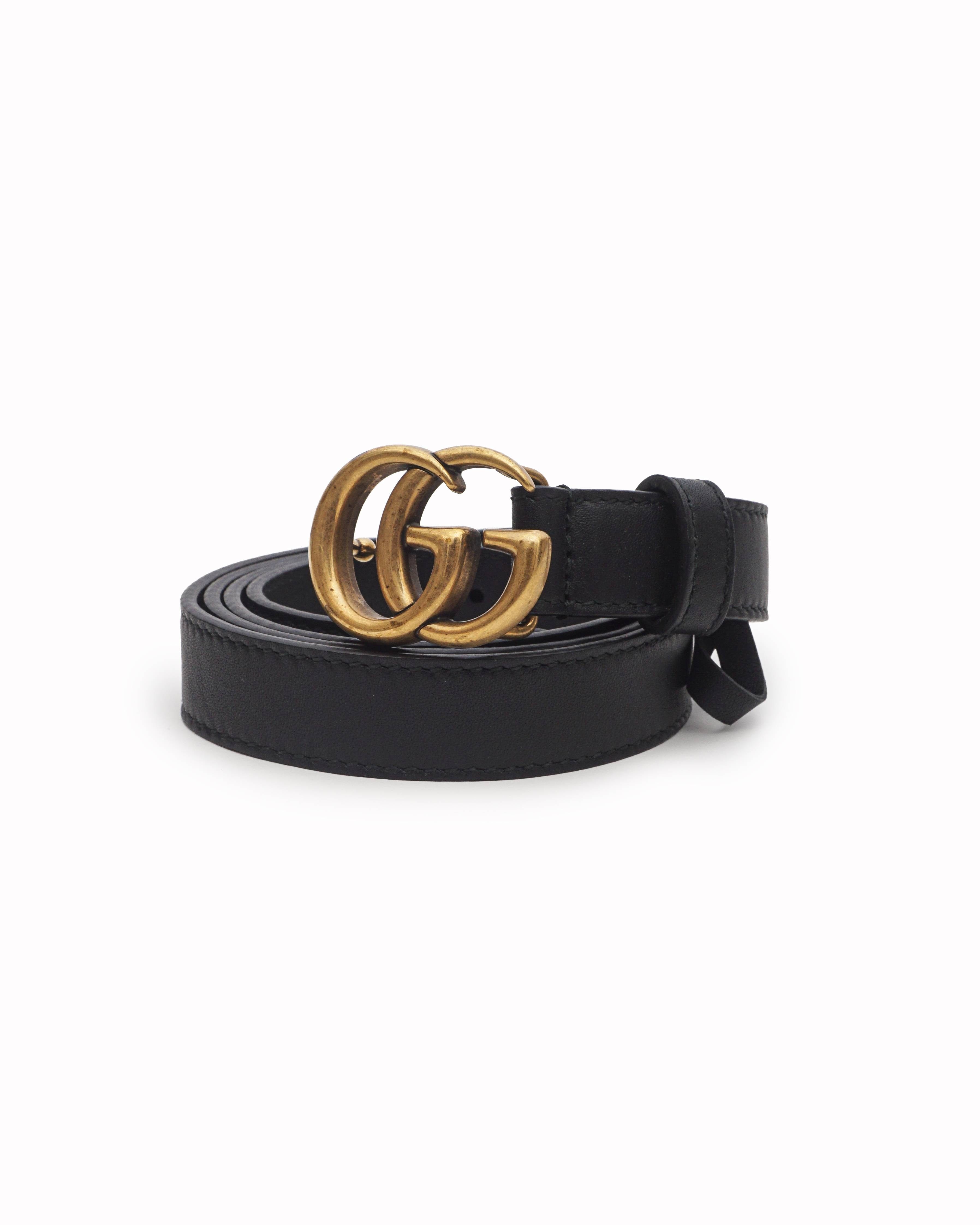 Gucci Black Leather Marmont Double G Antique Gold Buckle Belt