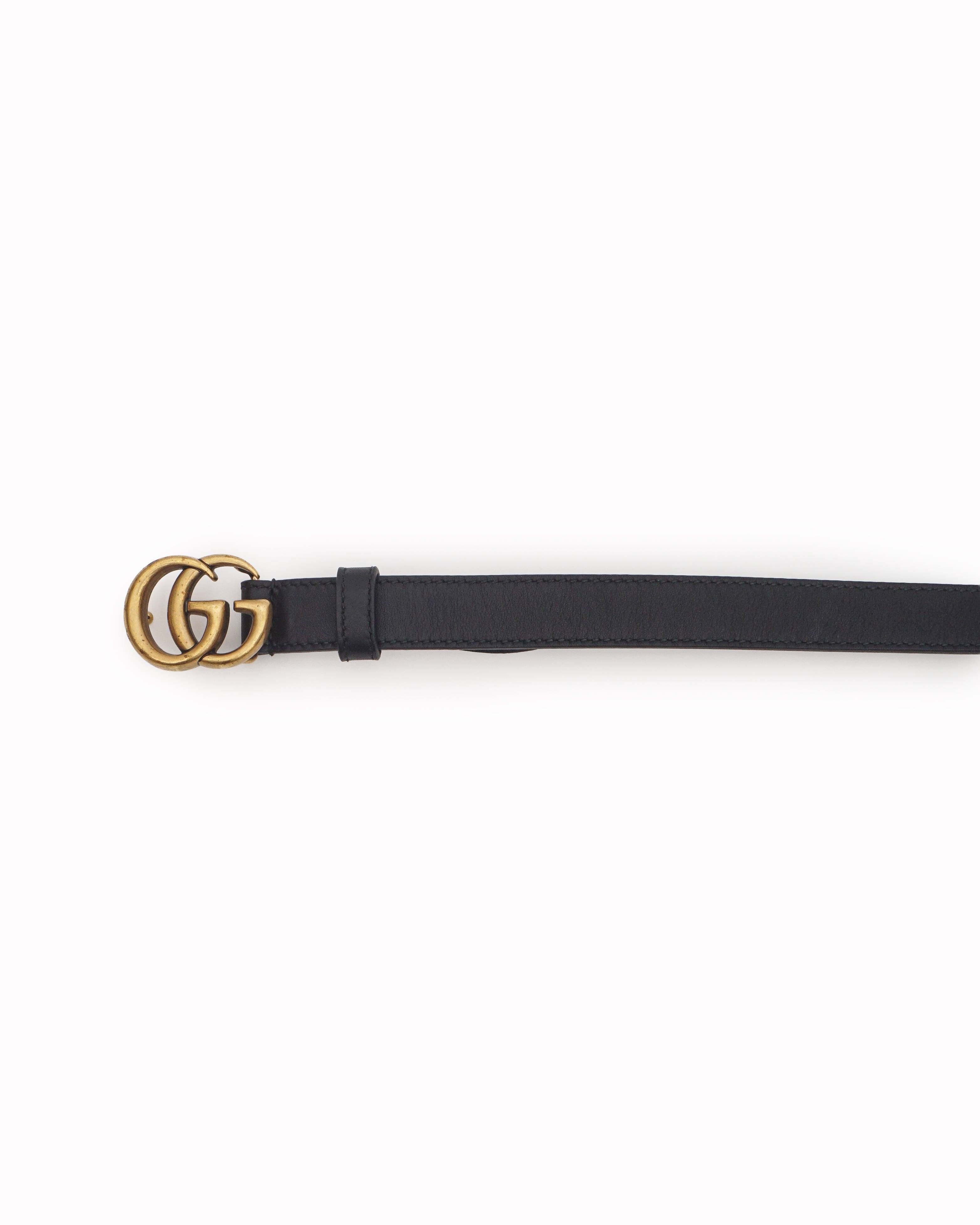 Gucci Black Leather Marmont Double G Antique Gold Buckle Belt