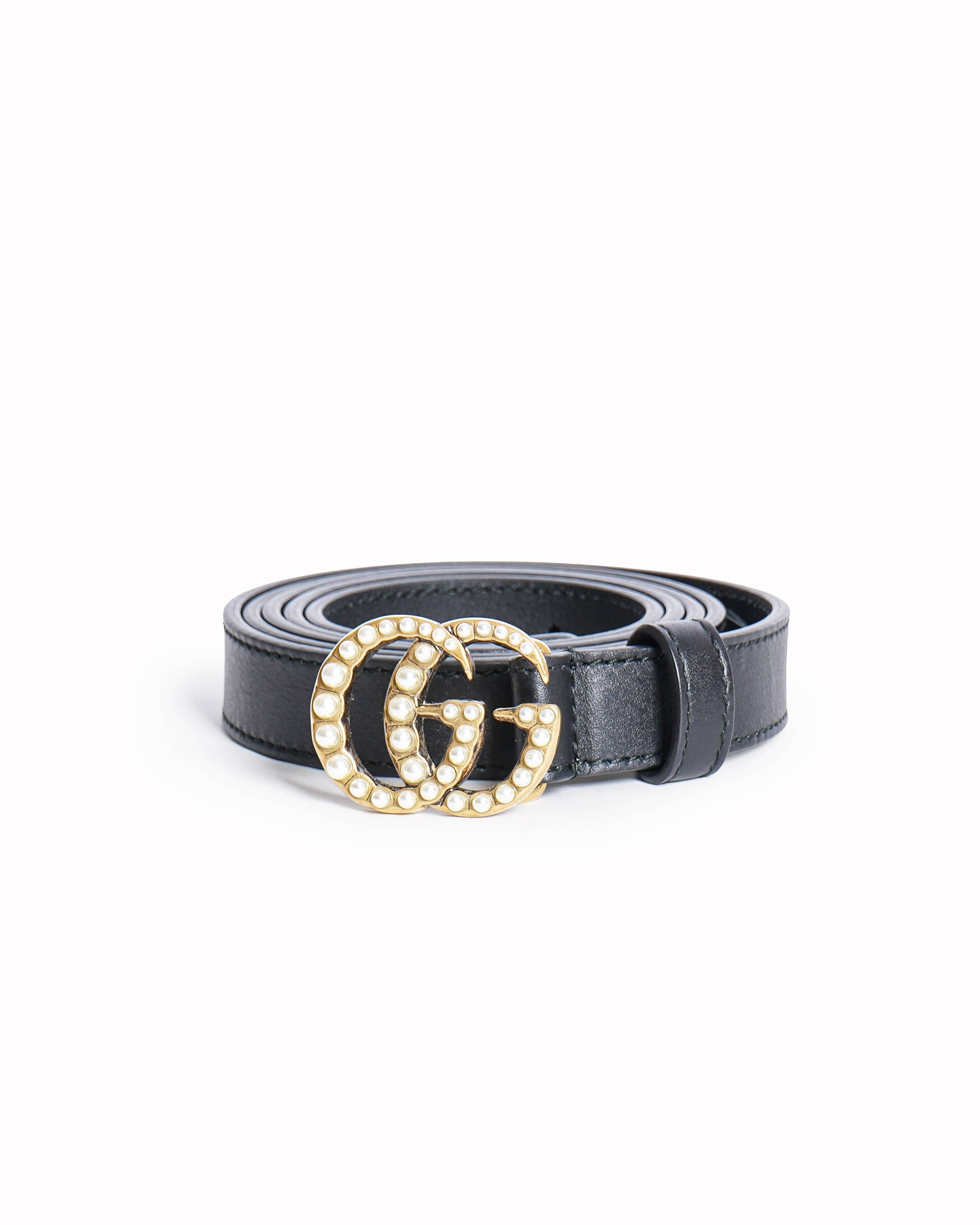 Gucci GG Women's Marmont Pearls Black Leather Belt