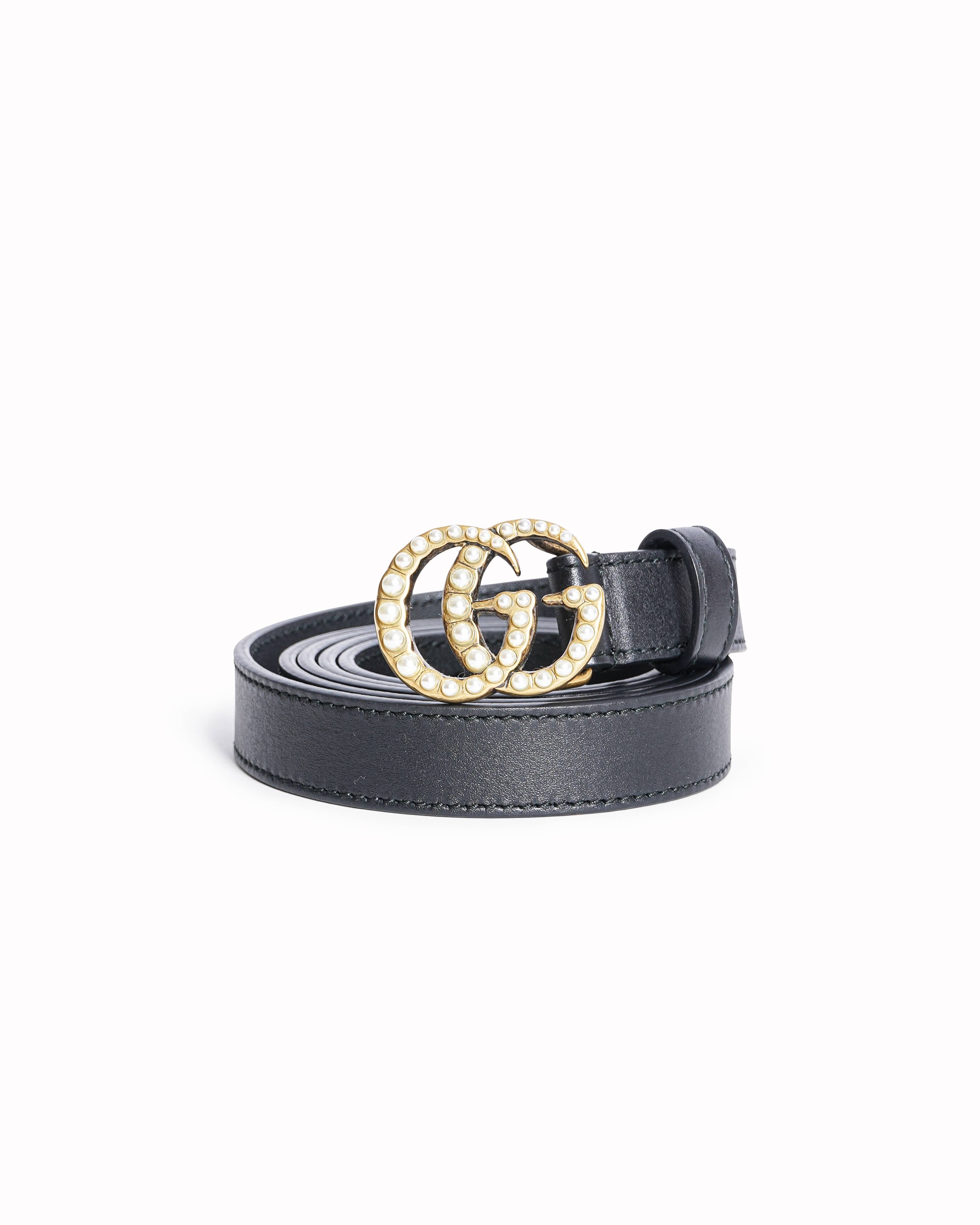Gucci GG Women's Marmont Pearls Black Leather Belt
