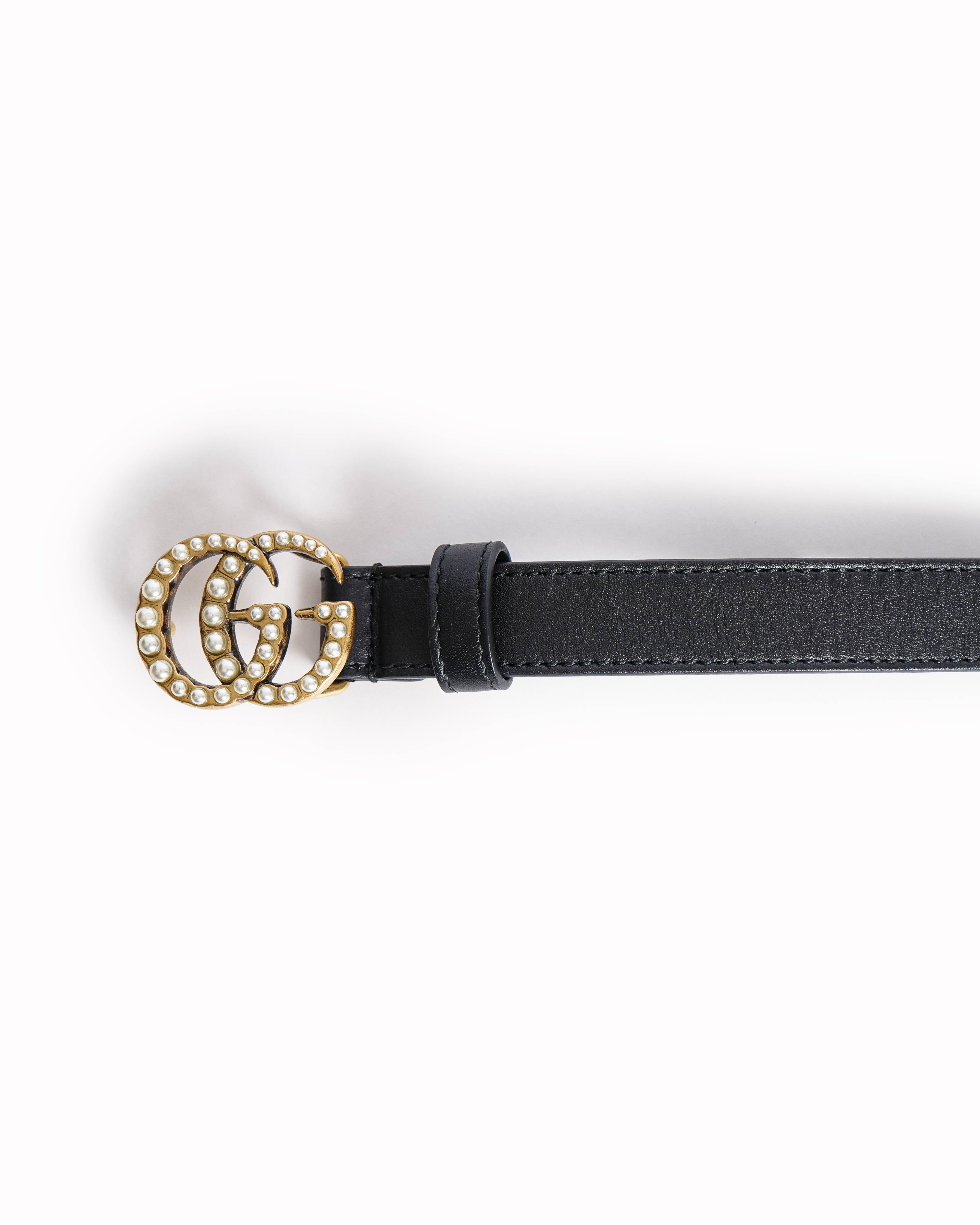 Gucci GG Women's Marmont Pearls Black Leather Belt