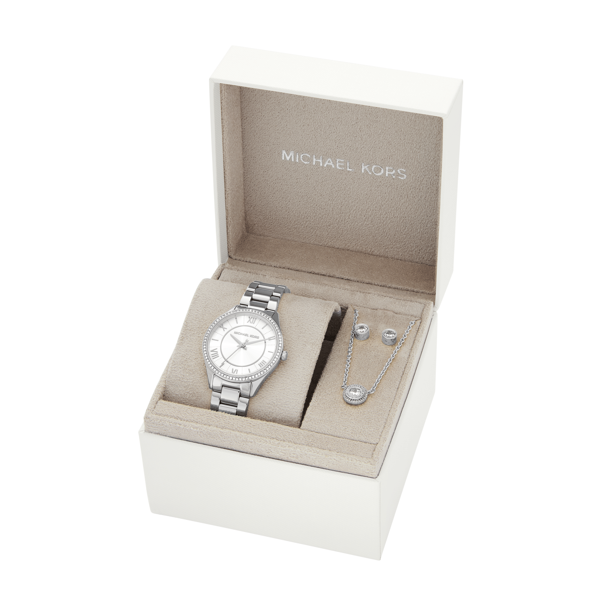 Michael Kors Lauryn Three - Hand Stainless Steel Watch, Earrings and Necklace Gift Set