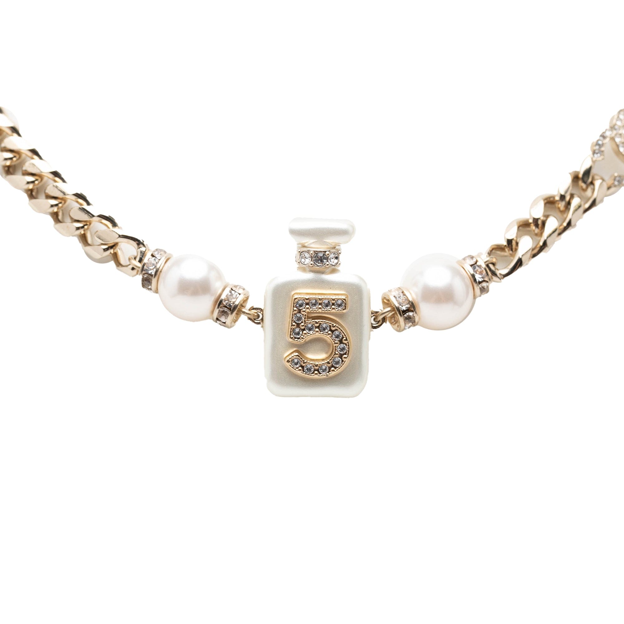 Chanel CC Gold Plated Faux Pearl Strass No 5 Perfume Bottle Pendant Necklace