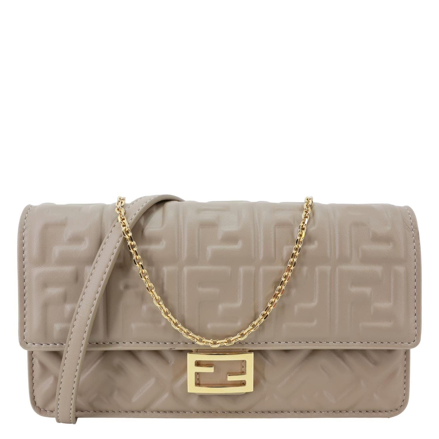 FENDI Baguette FF Embroidered Leather Wallet On Chain Beige