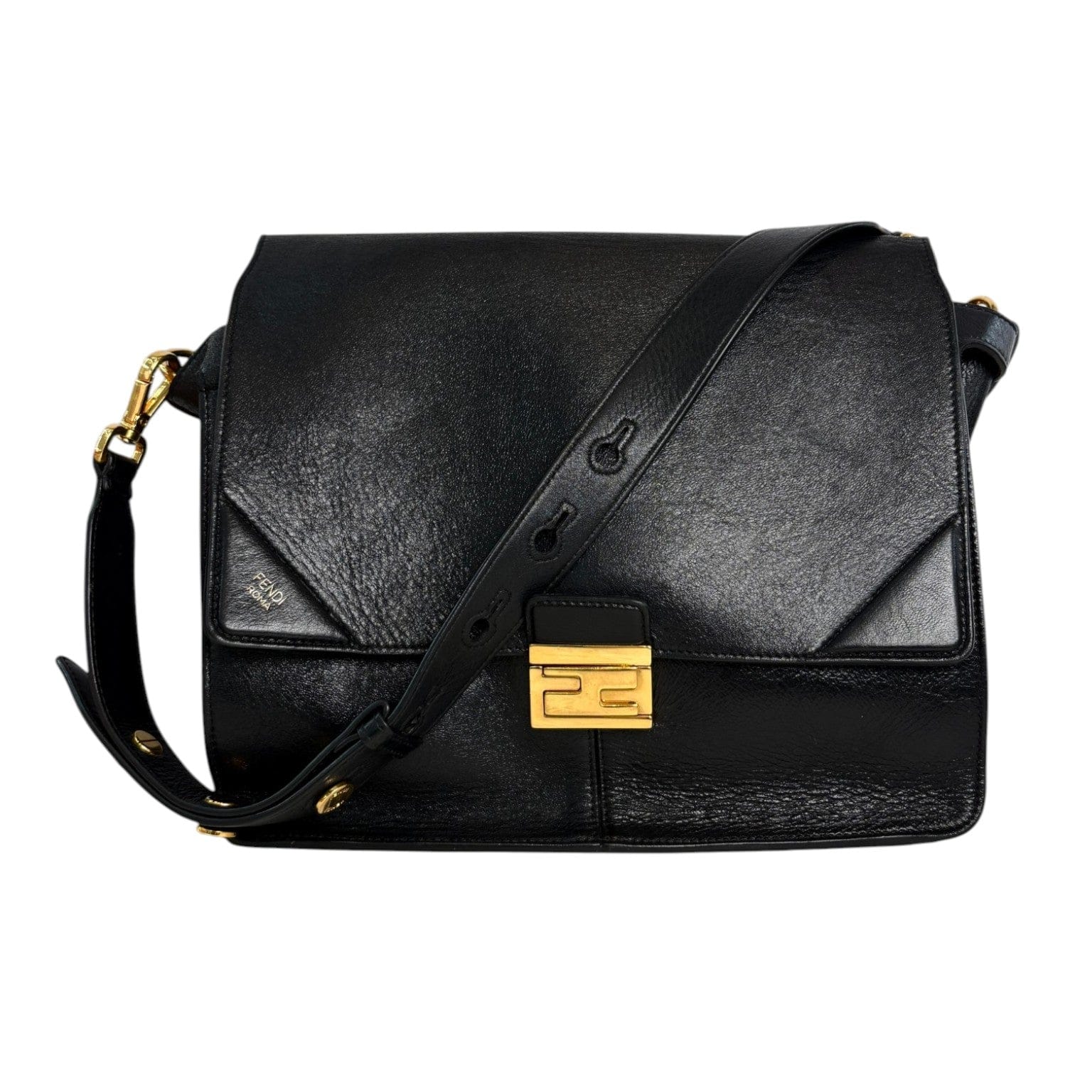 Fendi Kan U Black Leather Shoulder Bag with Gold hardware