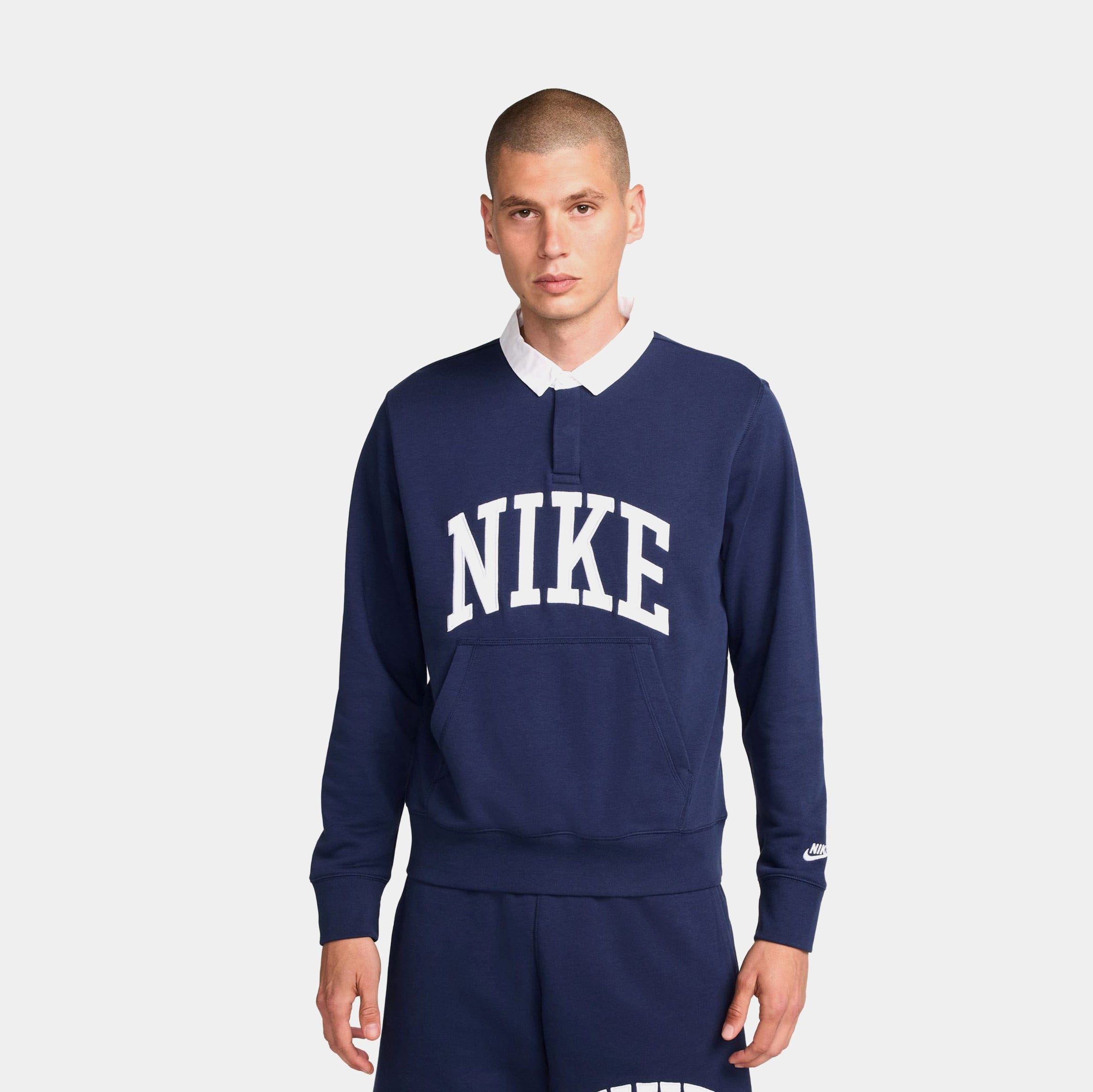 Nike NSW Club Fleece Polo Mens Long Sleeve Shirt (Navy/White)