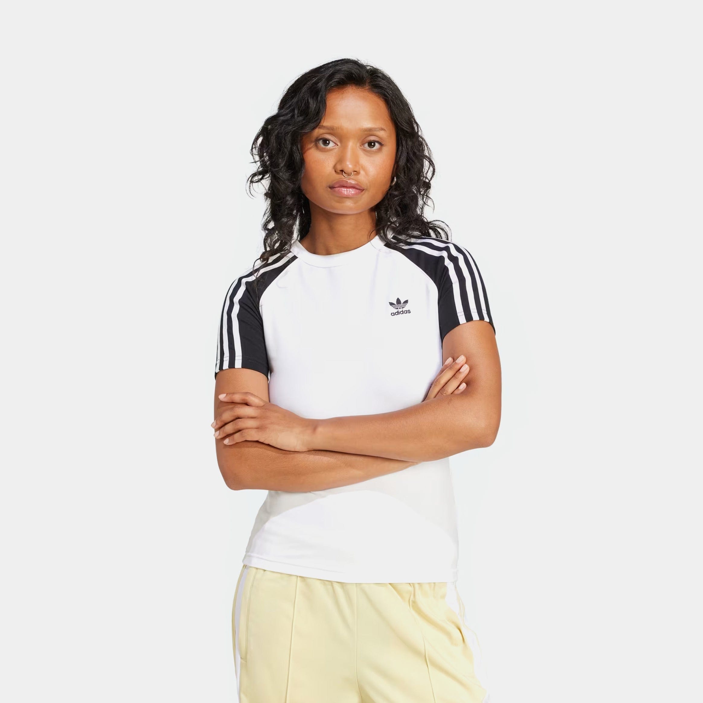 adidas Adicolor 3 Stripes Raglan Slim Womens Short Sleeve Shirt (Black/White)