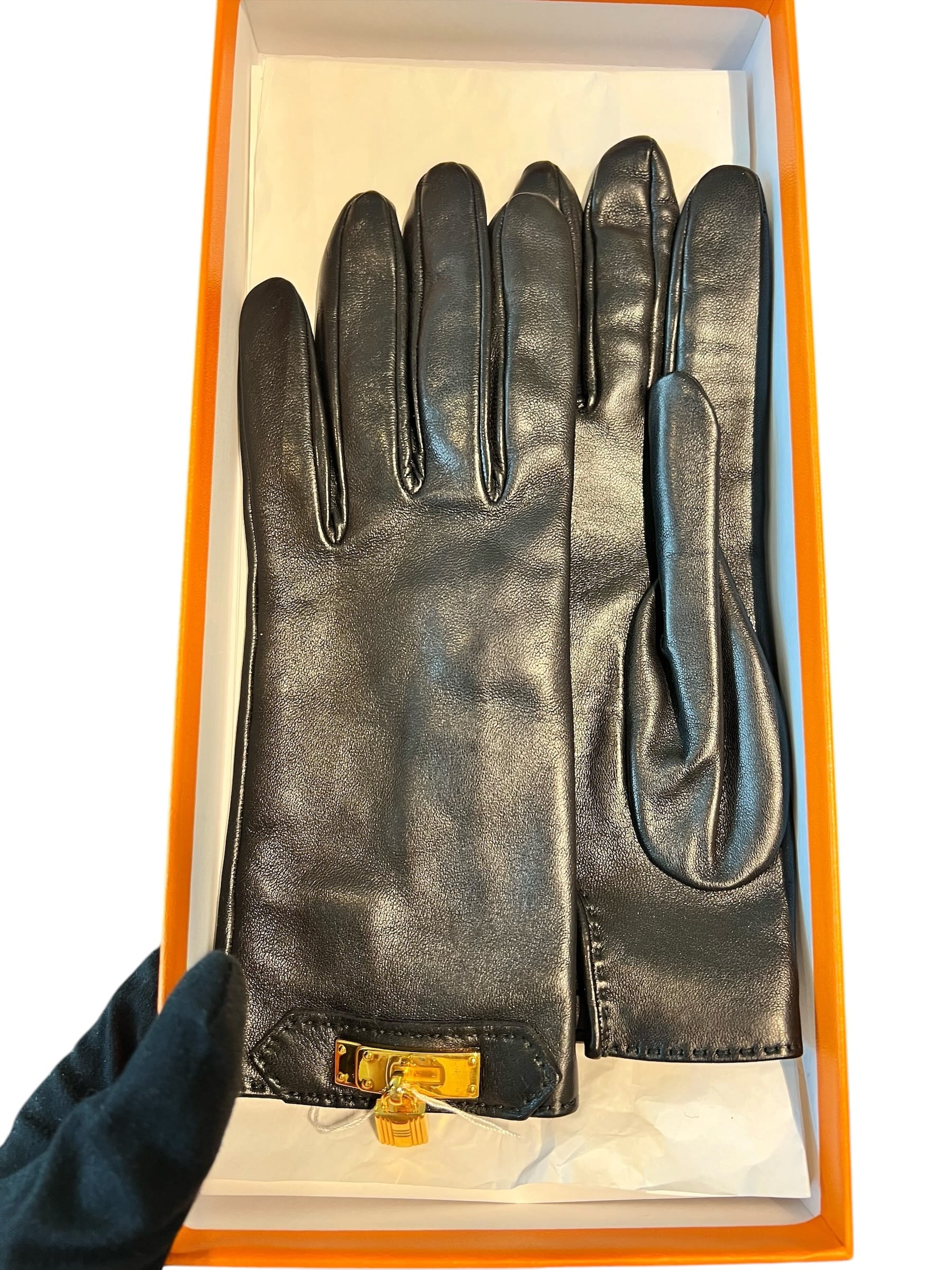 Hermes Kelly Cadena Gloves Black Lambskin Sz6.5 SSLG1040