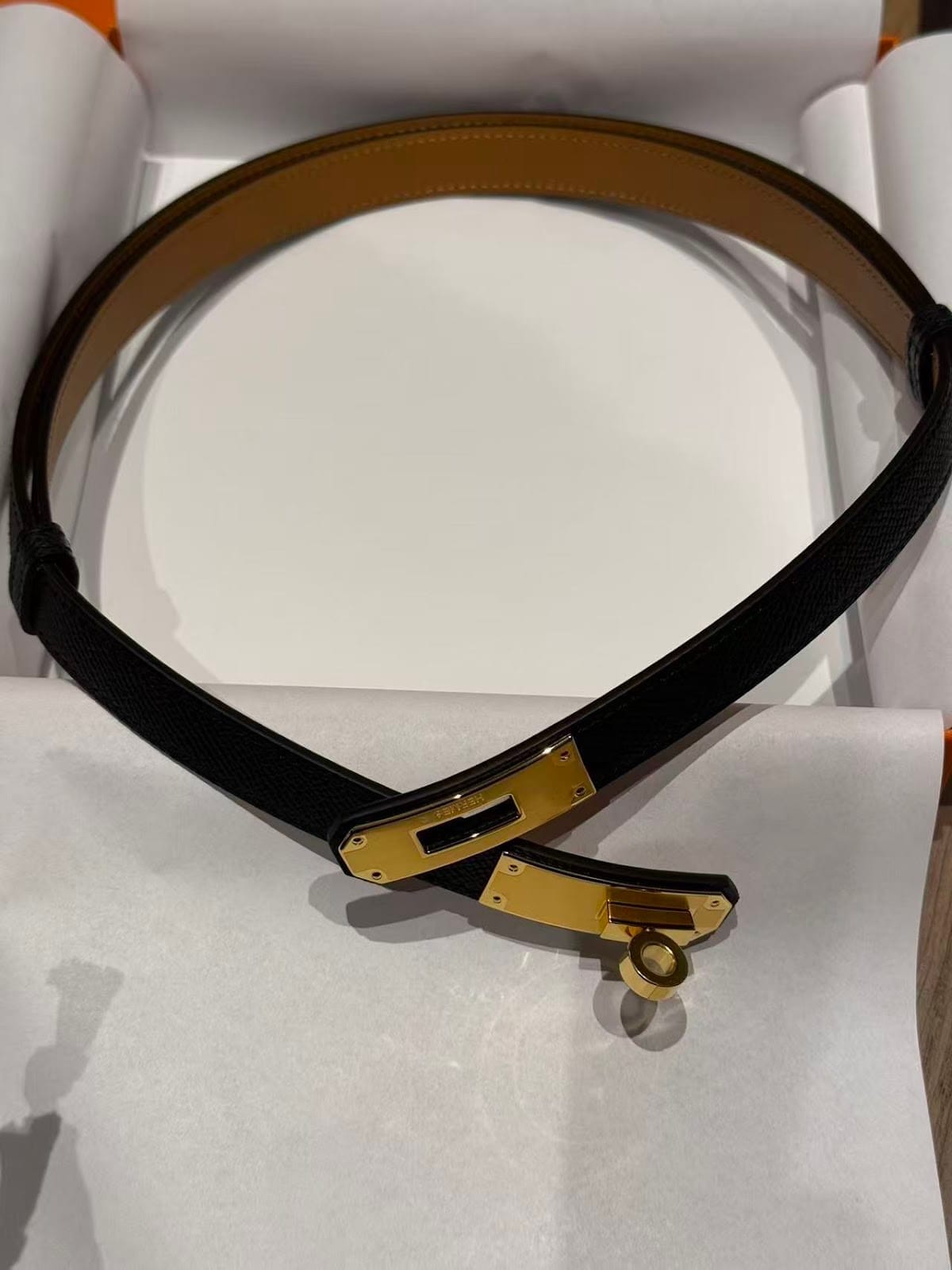 Hermes Kelly Black+Gold Belt ALC3946