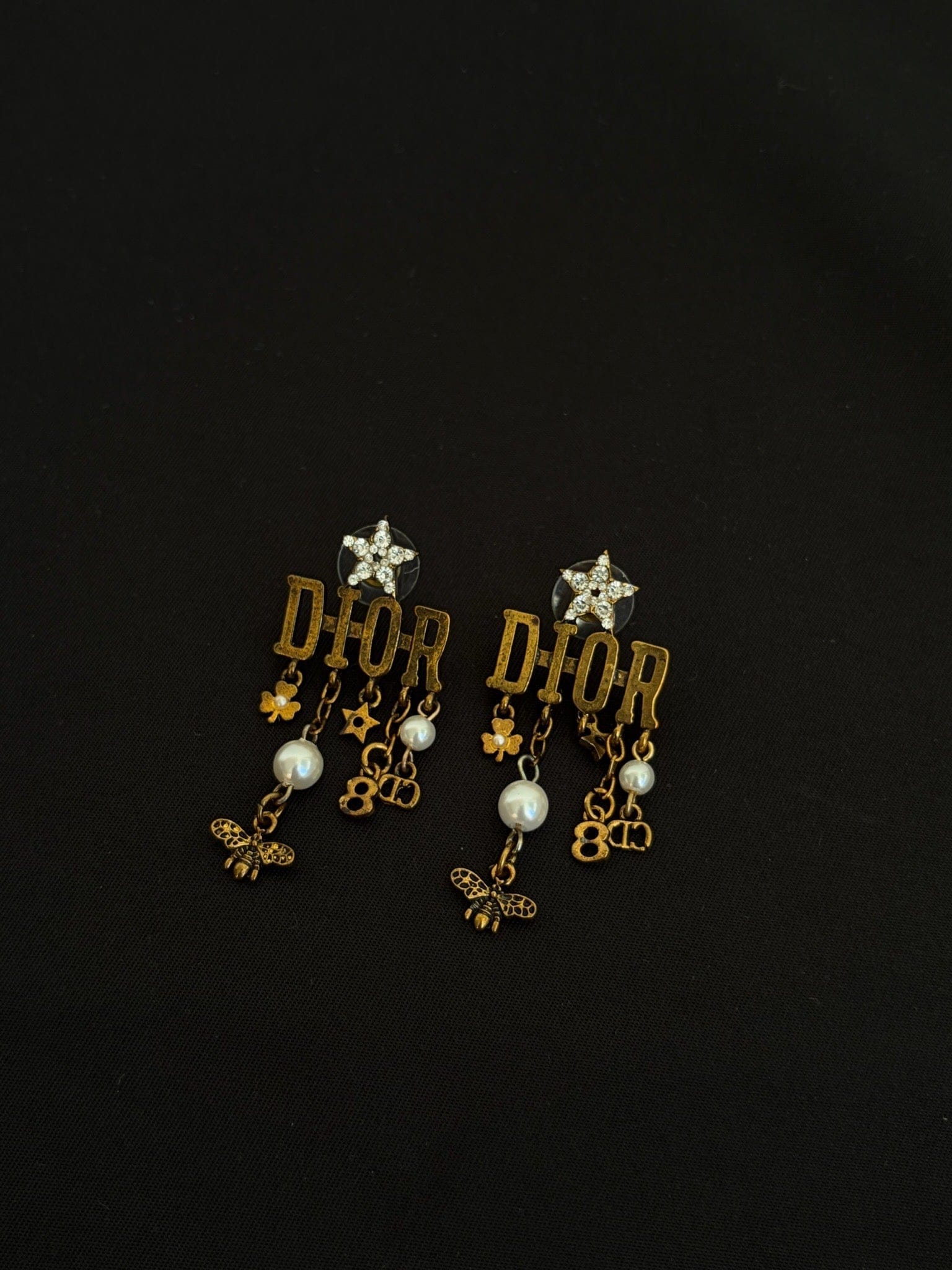 Dior Gold Crystal Star Letter Charm Earrings