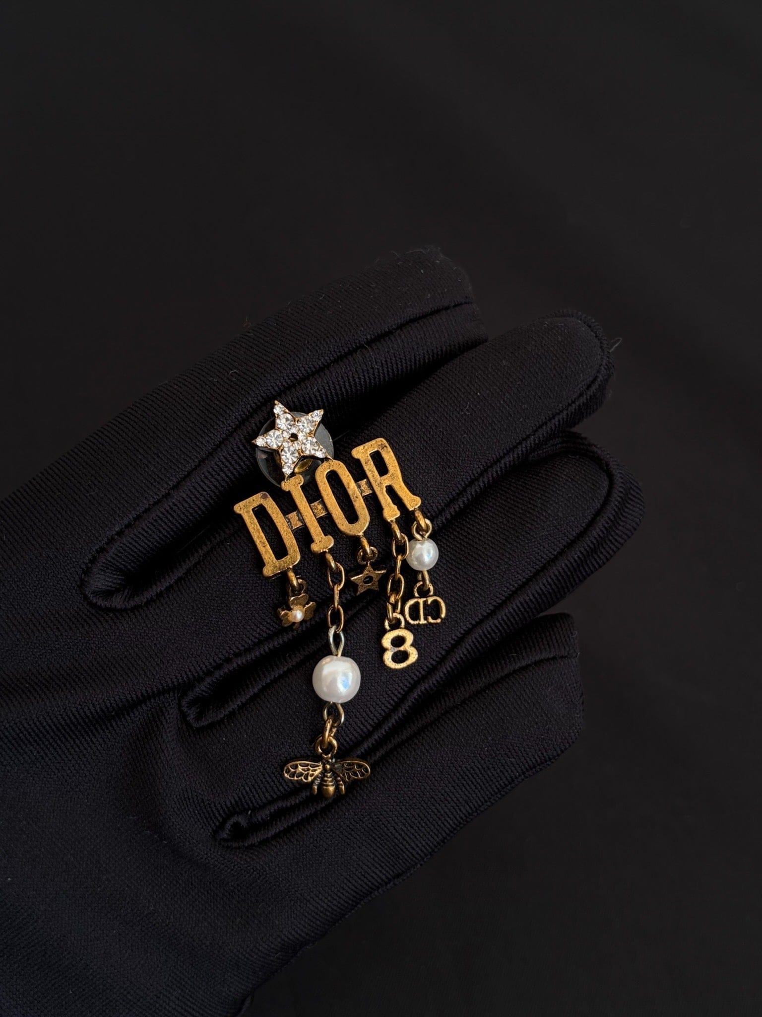 Dior Gold Crystal Star Letter Charm Earrings