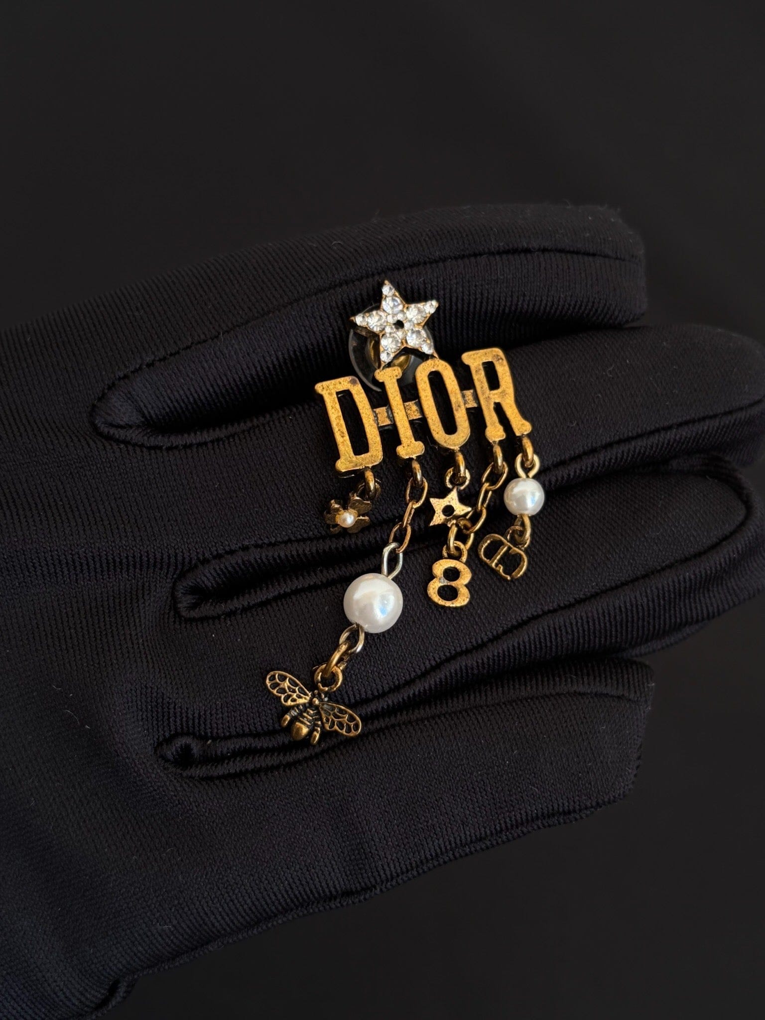 Dior Gold Crystal Star Letter Charm Earrings