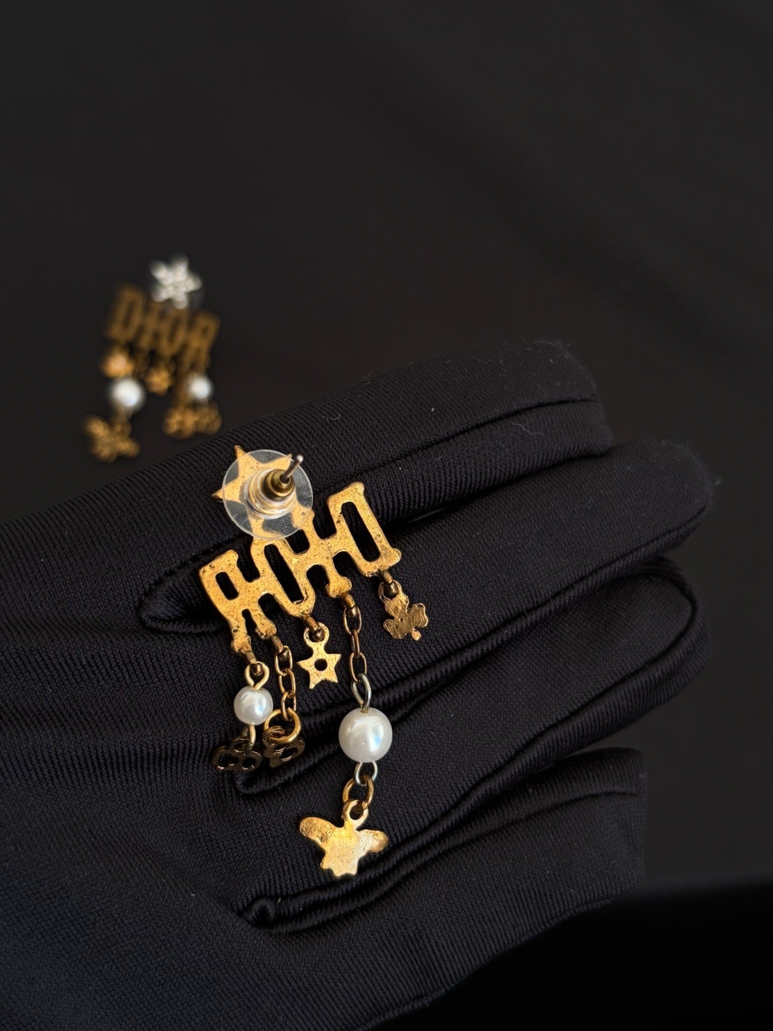 Dior Gold Crystal Star Letter Charm Earrings