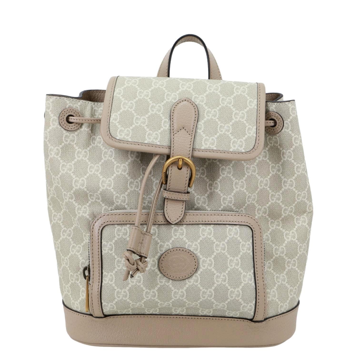 GUCCI Flap Interlocking G Patch GG Supreme Canvas Drawstring Backpack Off White 674147