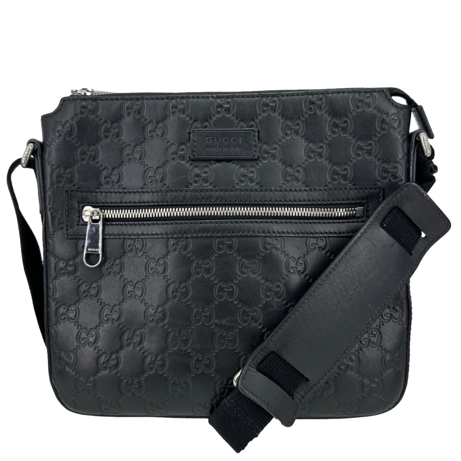 GUCCI GG Signature Leather Messenger Bag Black 406410