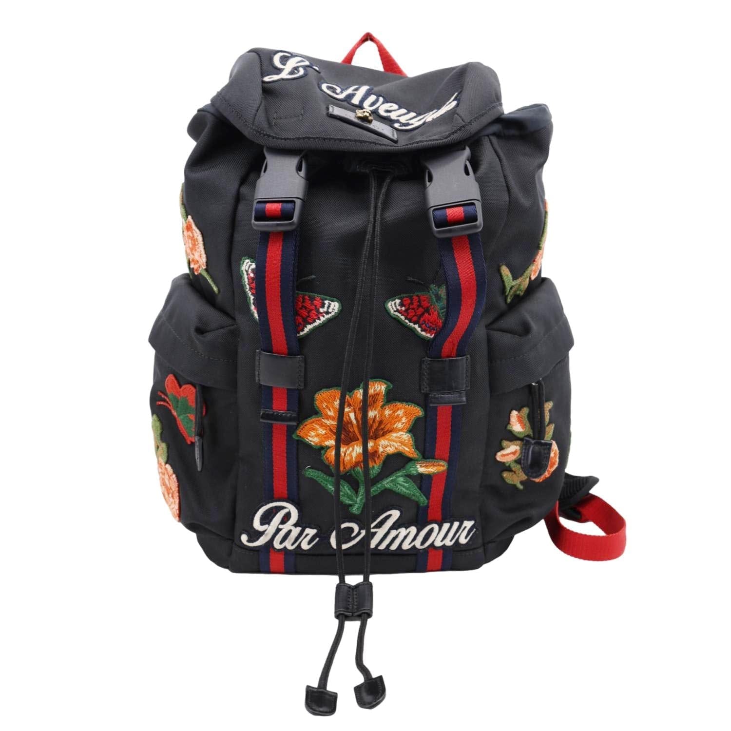GUCCI L'Aveugle Par Amour Embroidered Techno Web Canvas Backpack Black 478327