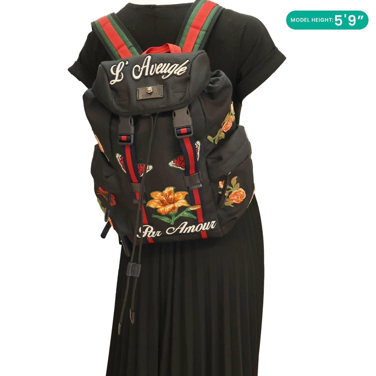 GUCCI L'Aveugle Par Amour Embroidered Techno Web Canvas Backpack Black 478327