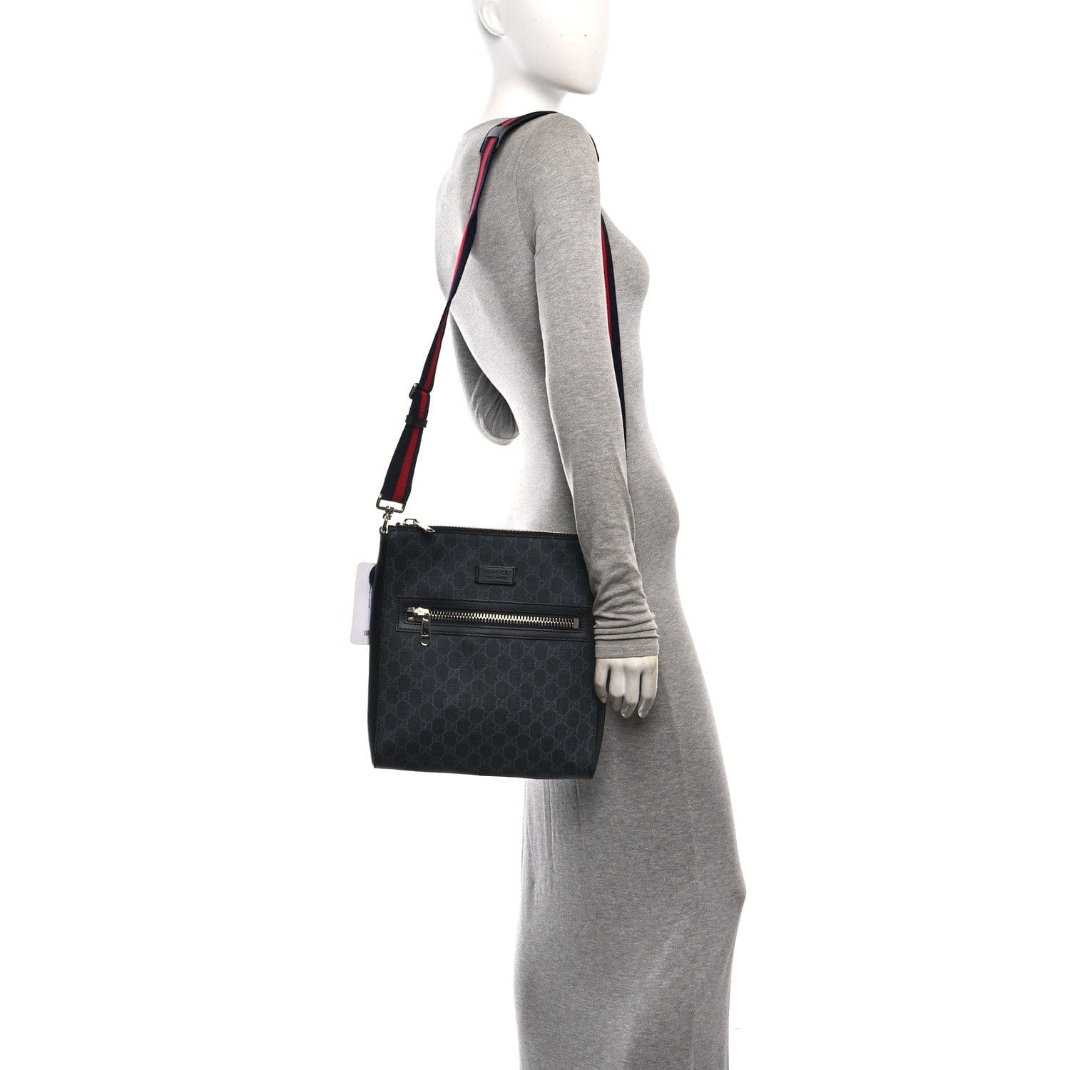 Gucci GG Supreme Monogram Appia Calfskin Web Flat Messenger Bag Black Grey