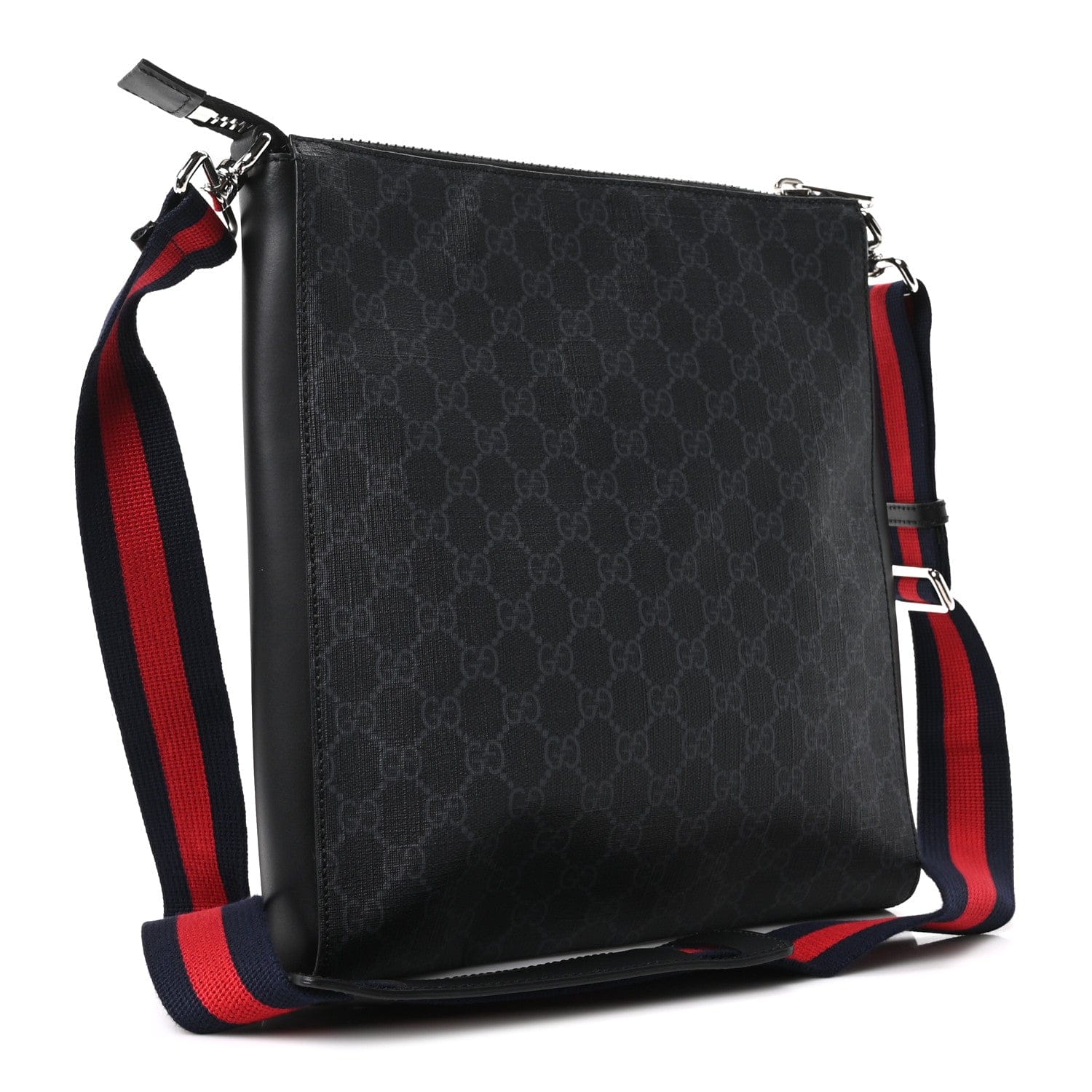Gucci GG Supreme Monogram Appia Calfskin Web Flat Messenger Bag Black Grey