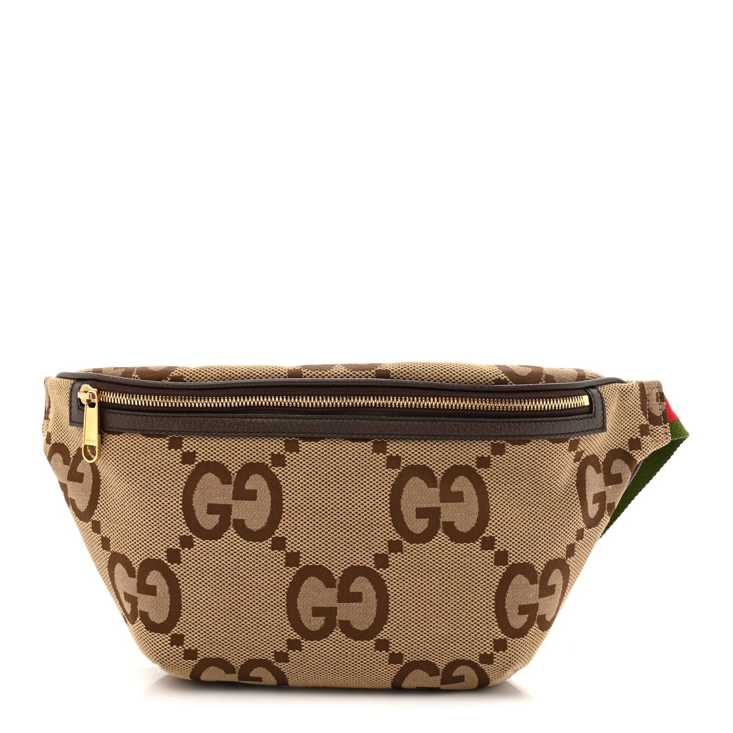 Gucci Monogram Jumbo GG Textured Dollar Calfskin Web Belt Bag Camel Ebony New Acero