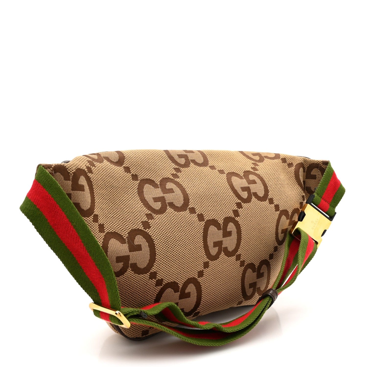 Gucci Monogram Jumbo GG Textured Dollar Calfskin Web Belt Bag Camel Ebony New Acero
