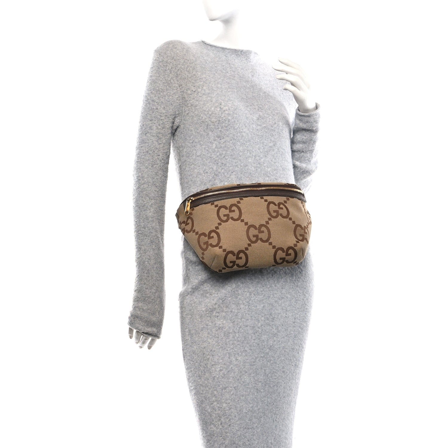 Gucci Monogram Jumbo GG Textured Dollar Calfskin Web Belt Bag Camel Ebony New Acero