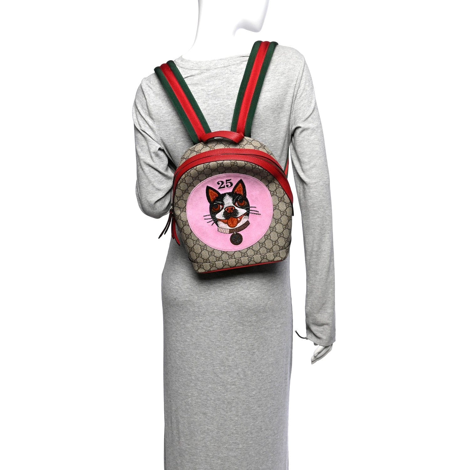 Gucci GG Supreme Monogram Web Bosco Patch Dome Backpack Beige Malva Hibiscus Red