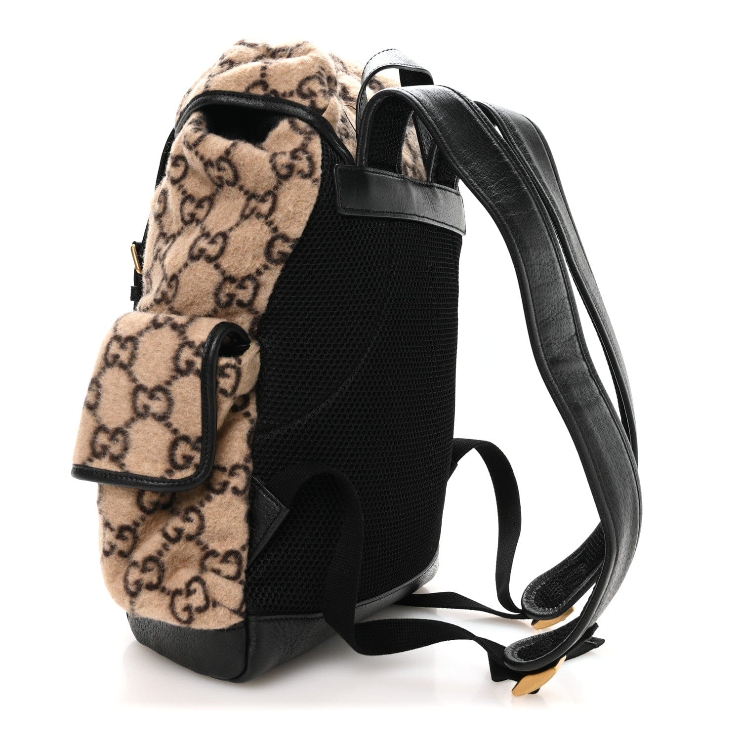Gucci Covered Wool GG Monogram Small Double Buckle Backpack Beige Ebony Black