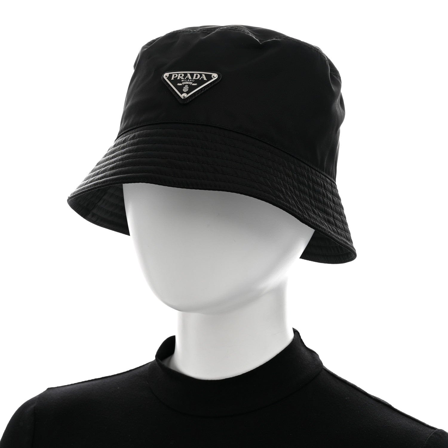 Prada Re - Nylon Metal Triangle Logo Womens Bucket Hat L Black