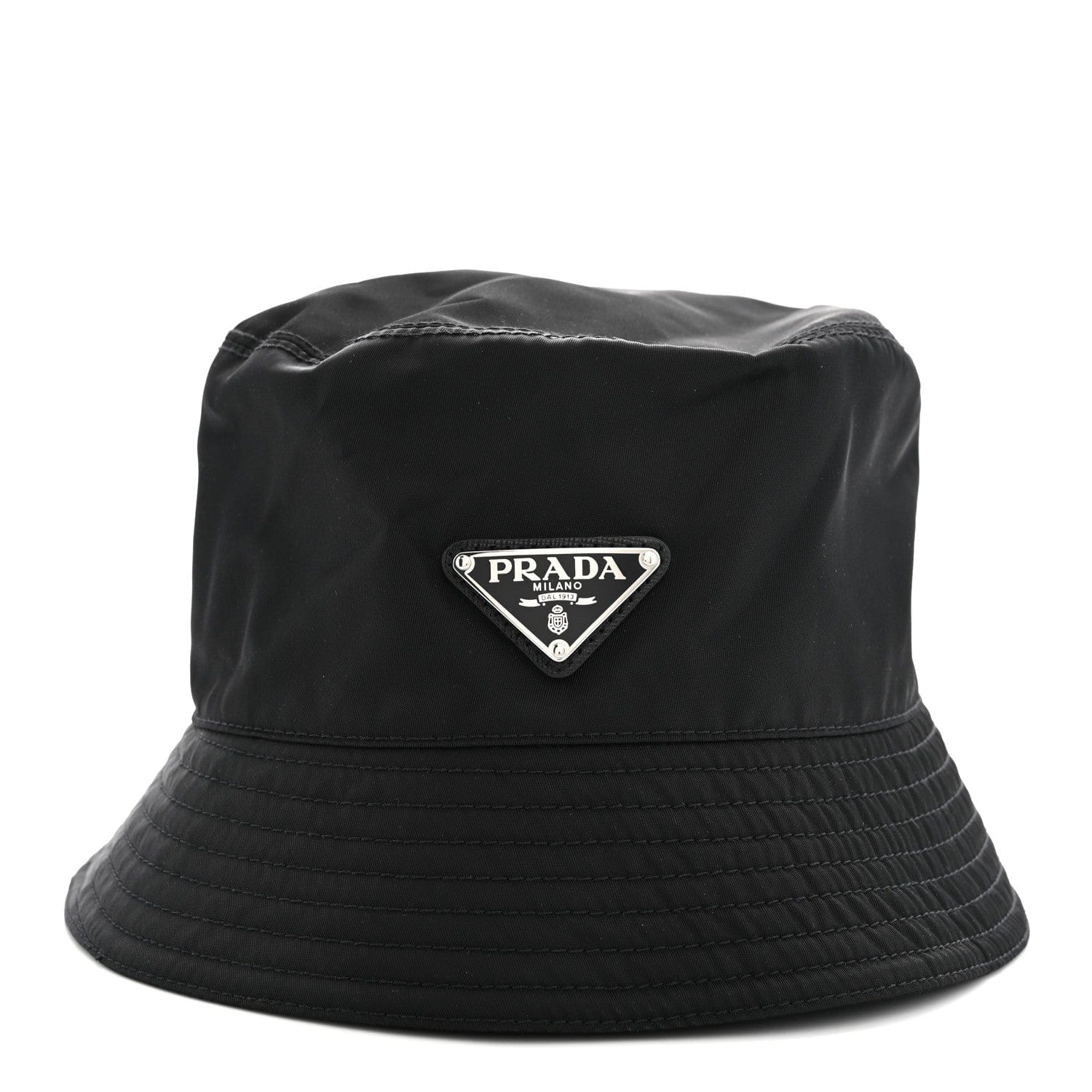 Prada Re - Nylon Metal Triangle Logo Womens Bucket Hat L Black