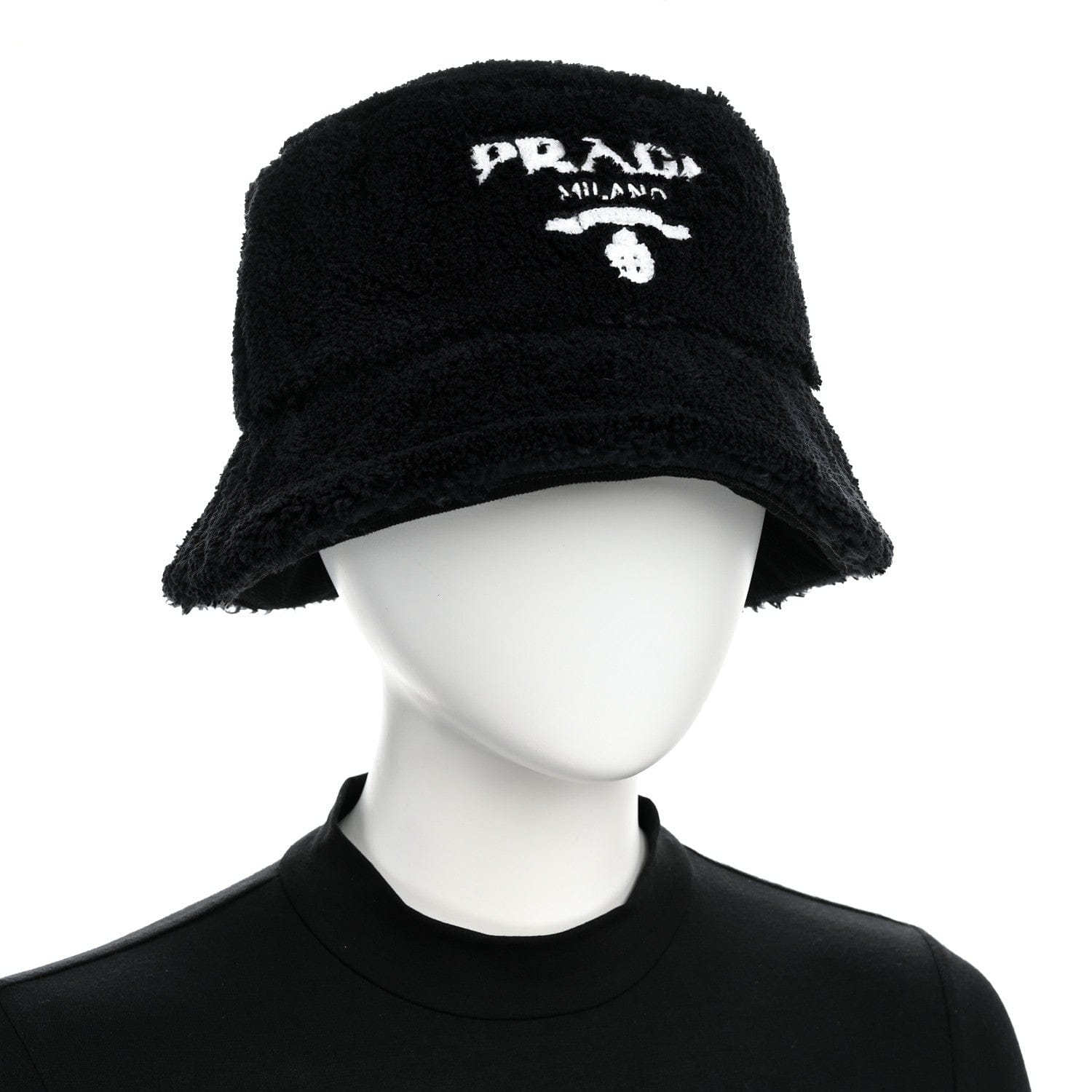 Prada Terry Cloth Logo Embroidered Womens Bucket Hat S Black White
