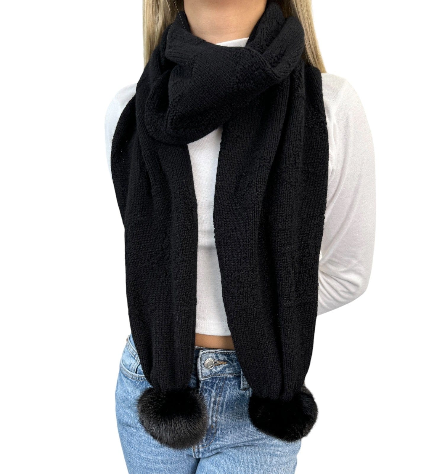 LOUIS VUITTON Vintage LV Monogram Logo Knit Scarf Shawl Wrap Fur Black Cashmere