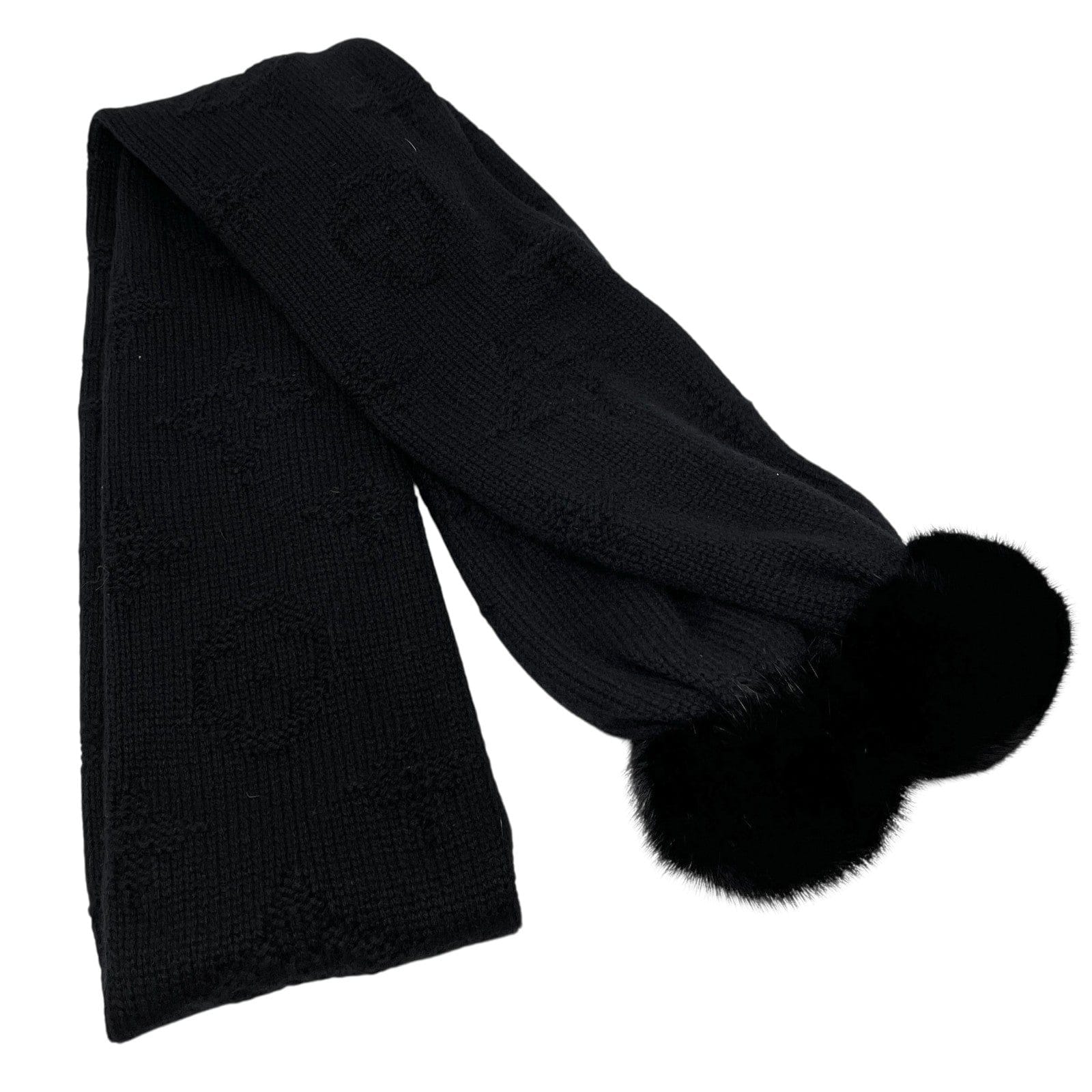 LOUIS VUITTON Vintage LV Monogram Logo Knit Scarf Shawl Wrap Fur Black Cashmere