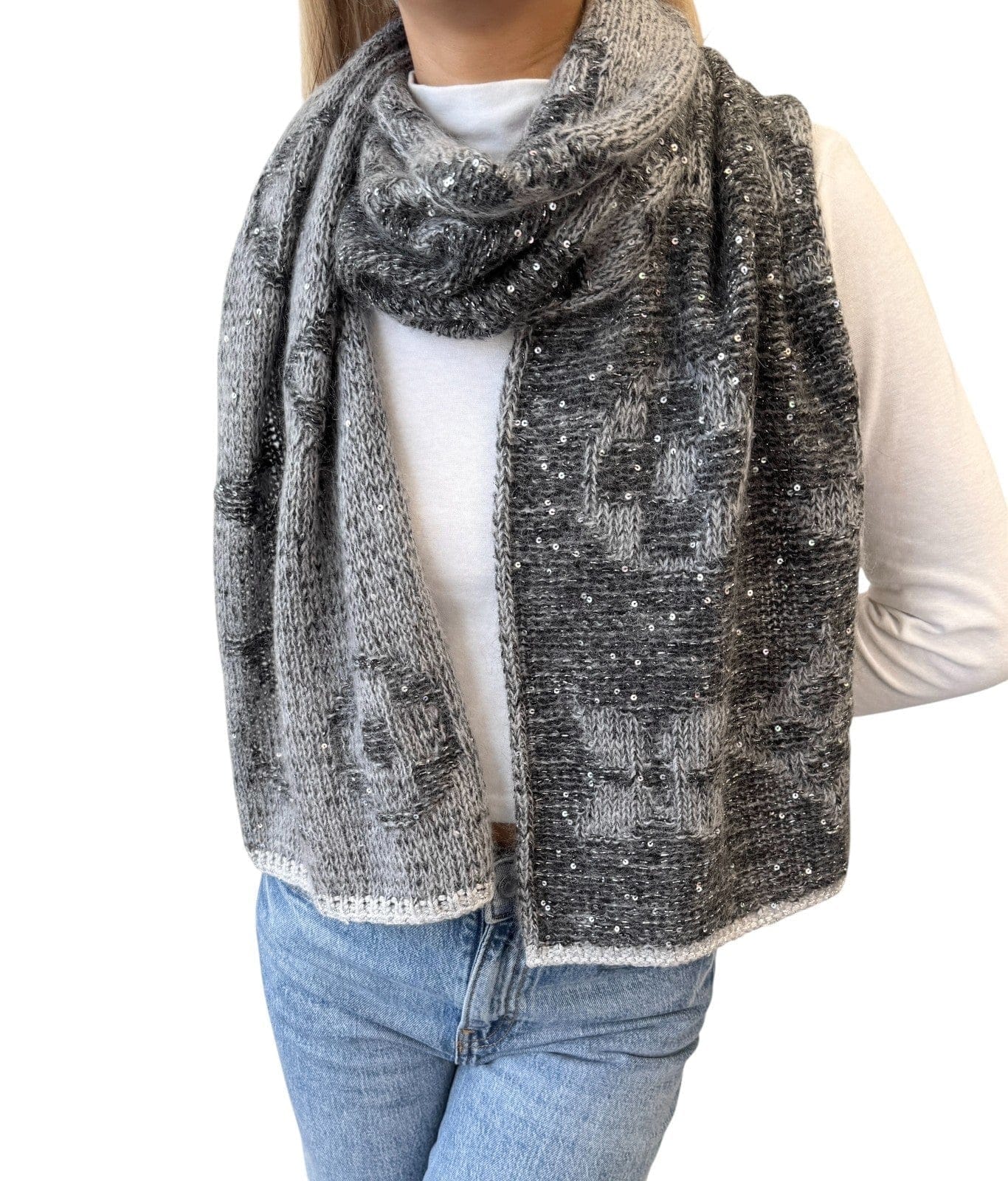 LOUIS VUITTON Vintage Monogram Logo Knit Sequins Scarf Muffler Wrap Gray Mohair