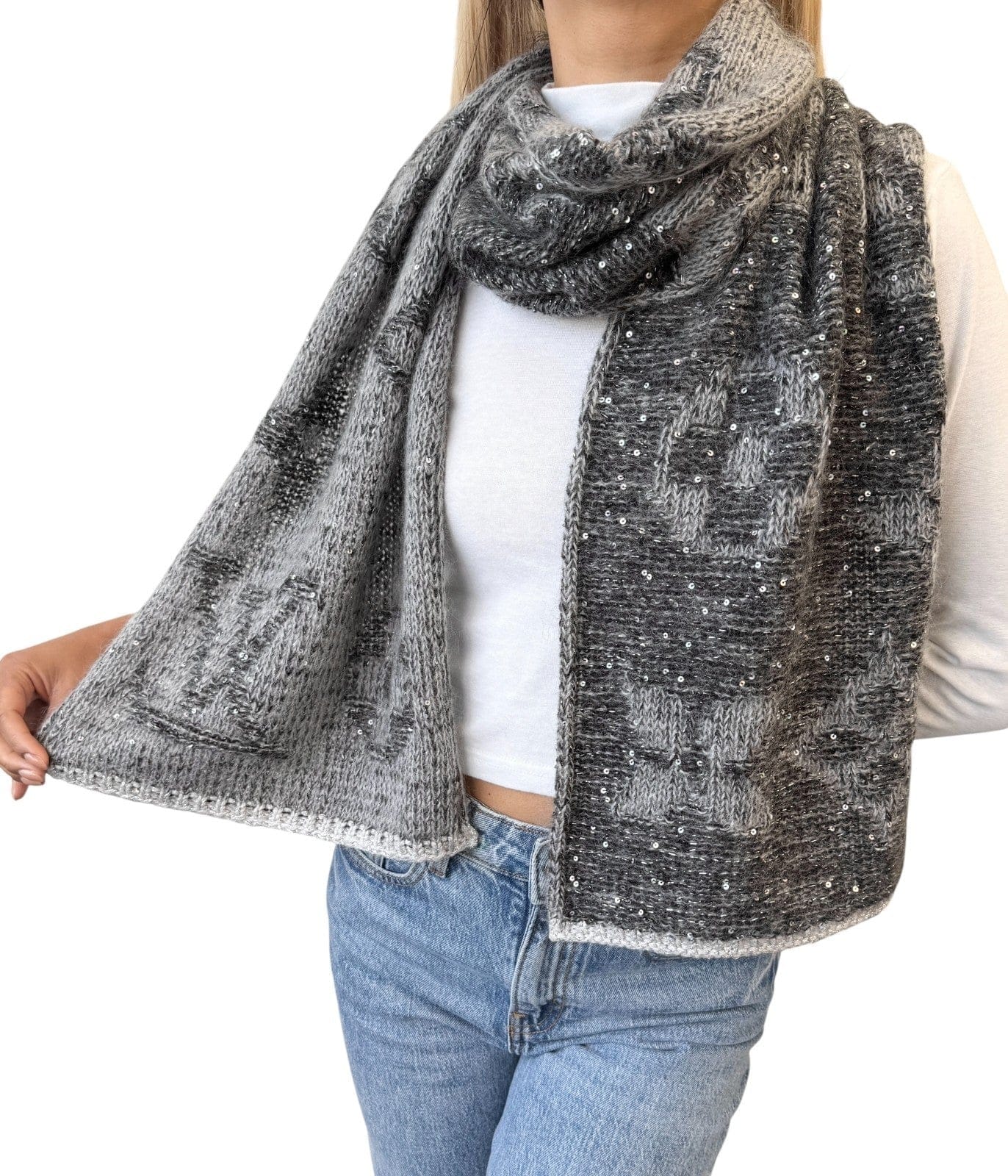 LOUIS VUITTON Vintage Monogram Logo Knit Sequins Scarf Muffler Wrap Gray Mohair