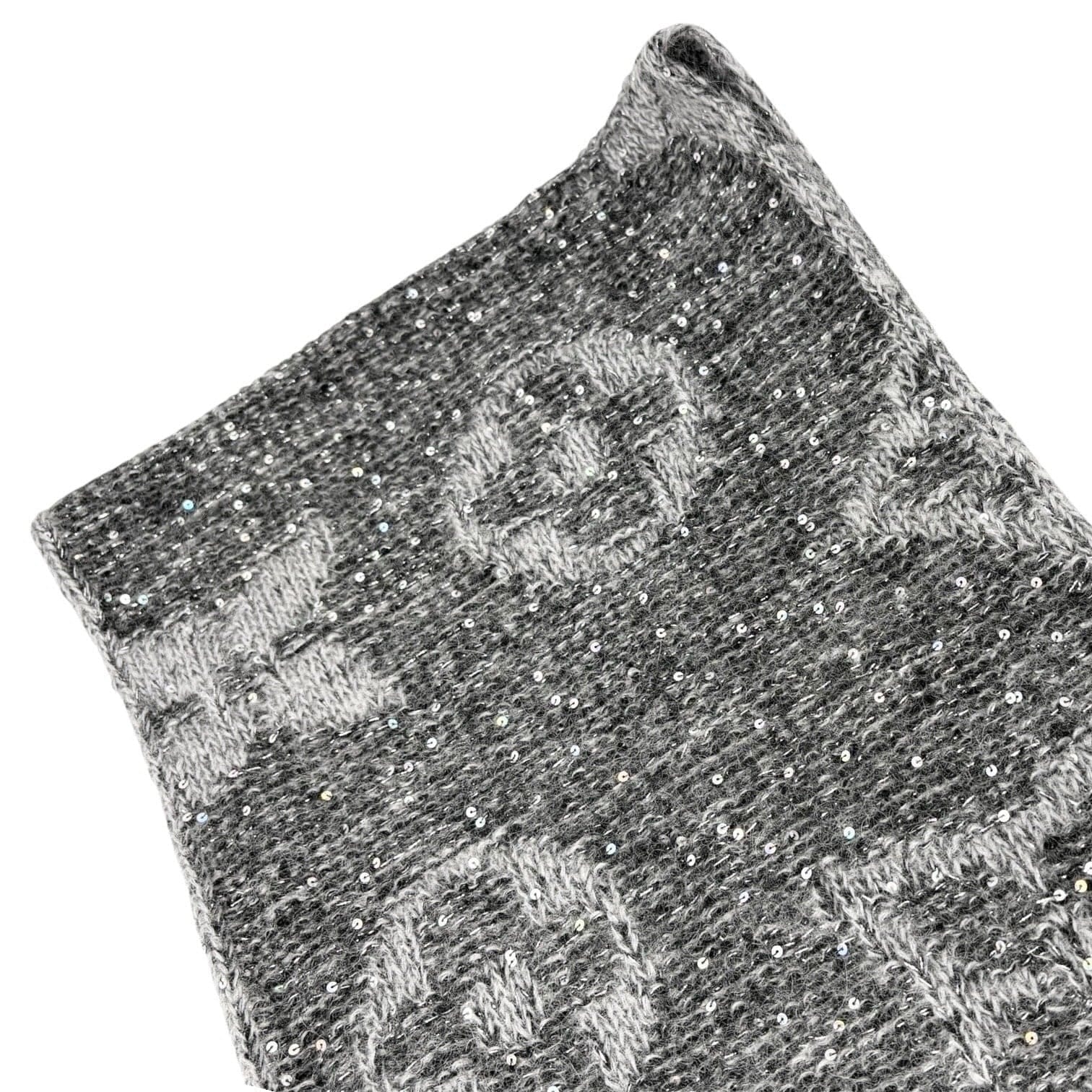 LOUIS VUITTON Vintage Monogram Logo Knit Sequins Scarf Muffler Wrap Gray Mohair