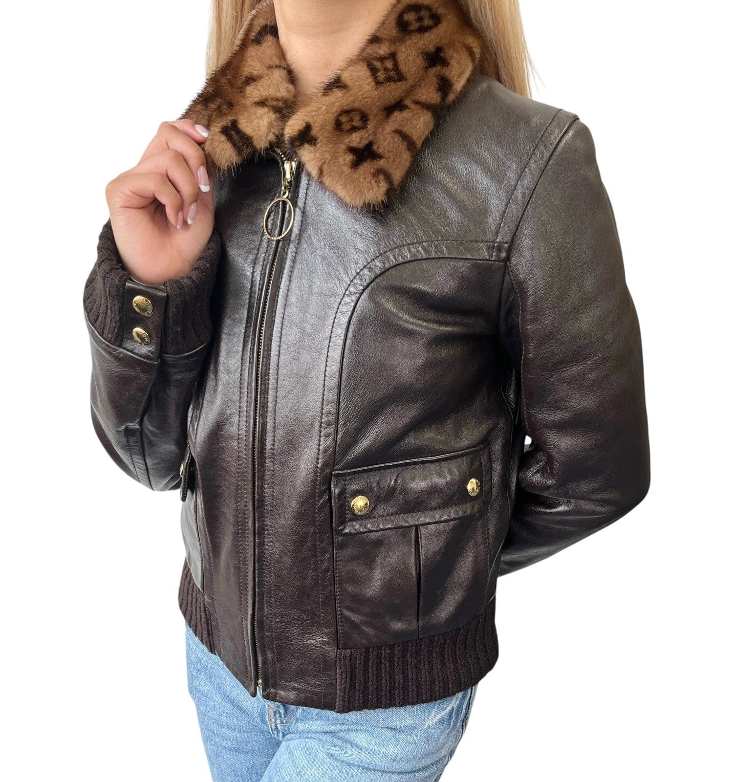 LOUIS VUITTON Vintage LV Monogram Logo Fur Leather Jacket #36 Zip Brown Gold