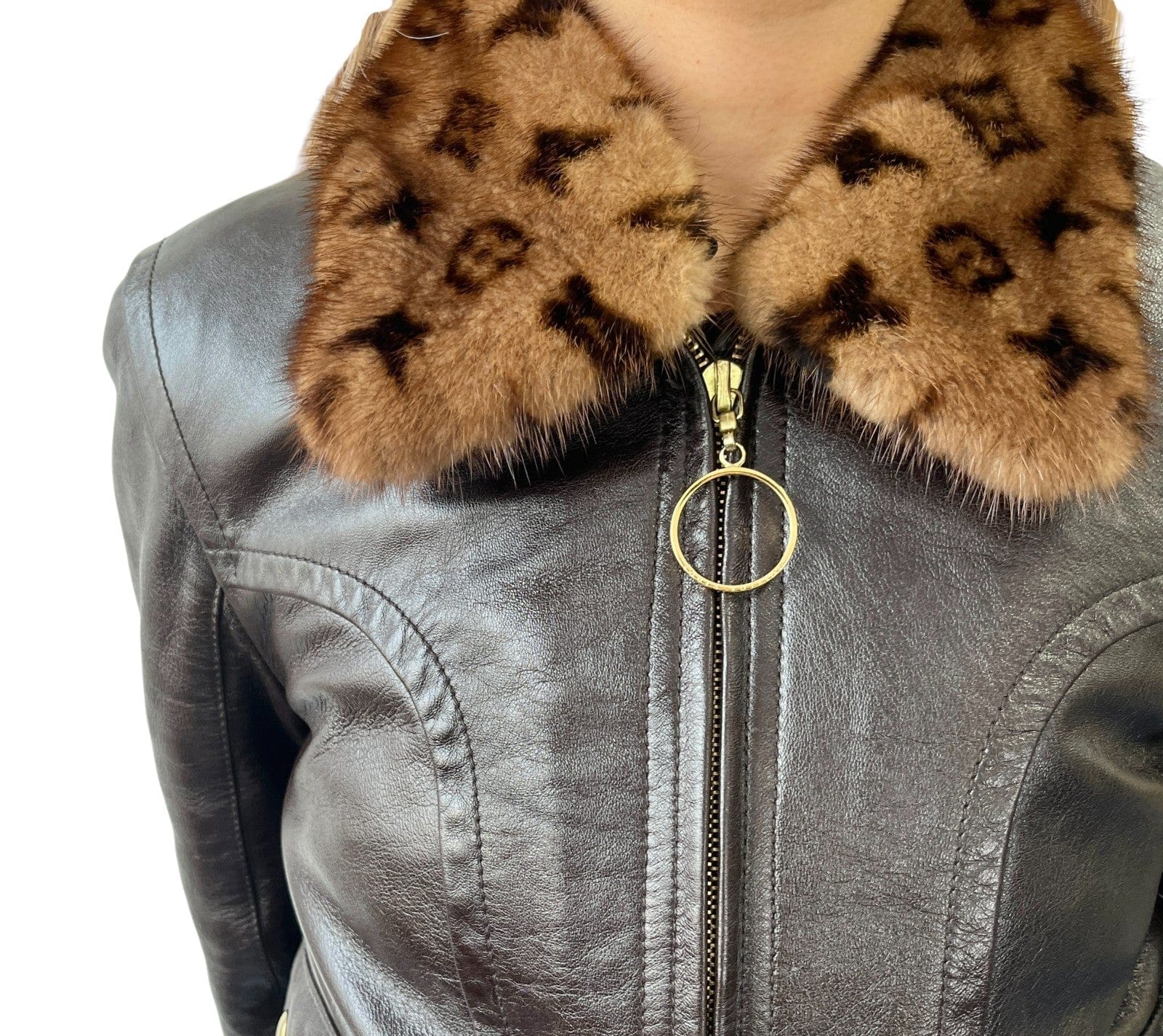 LOUIS VUITTON Vintage LV Monogram Logo Fur Leather Jacket #36 Zip Brown Gold