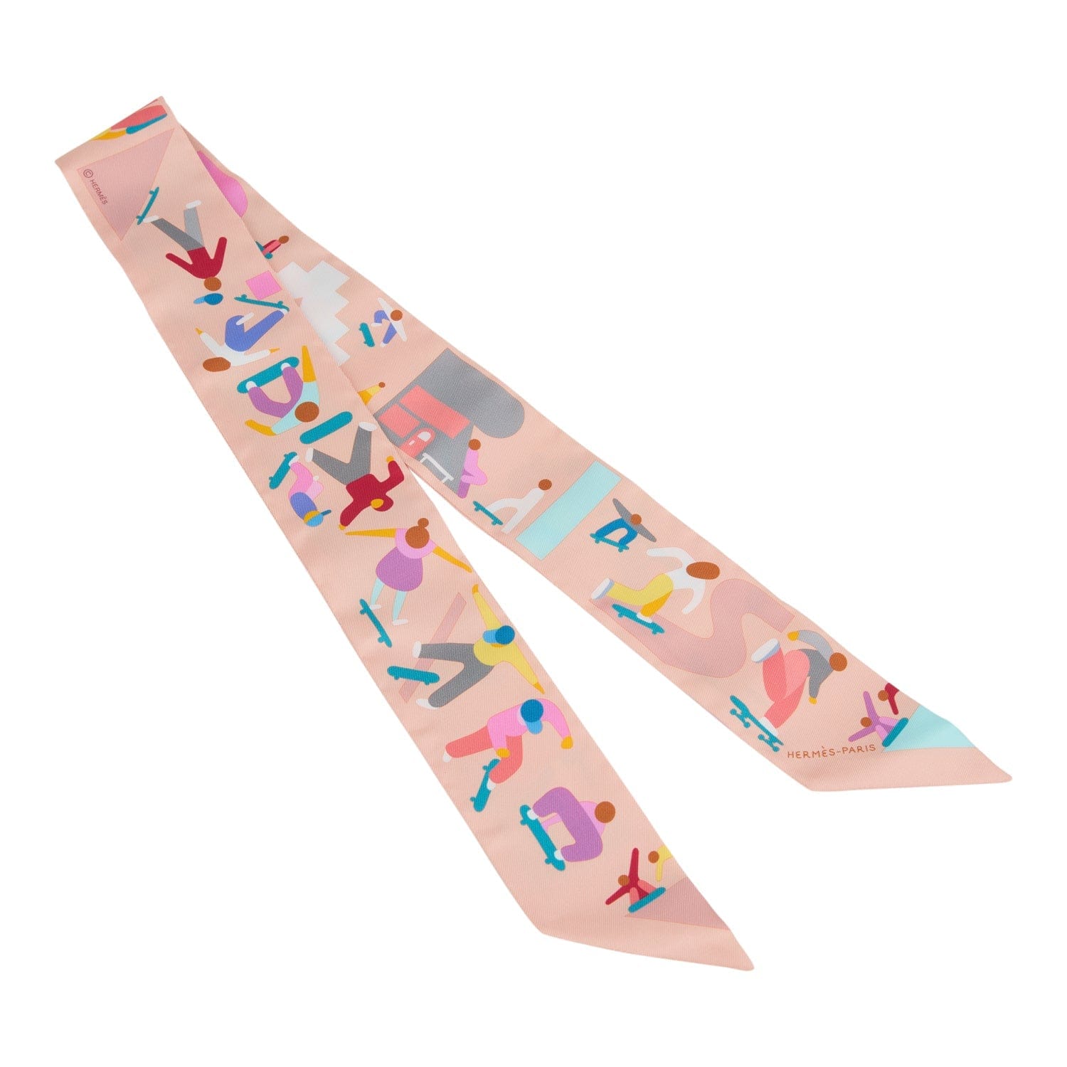 Hermes Figures Libres Rose Poudre and Blue Multi Silk Twilly Pair