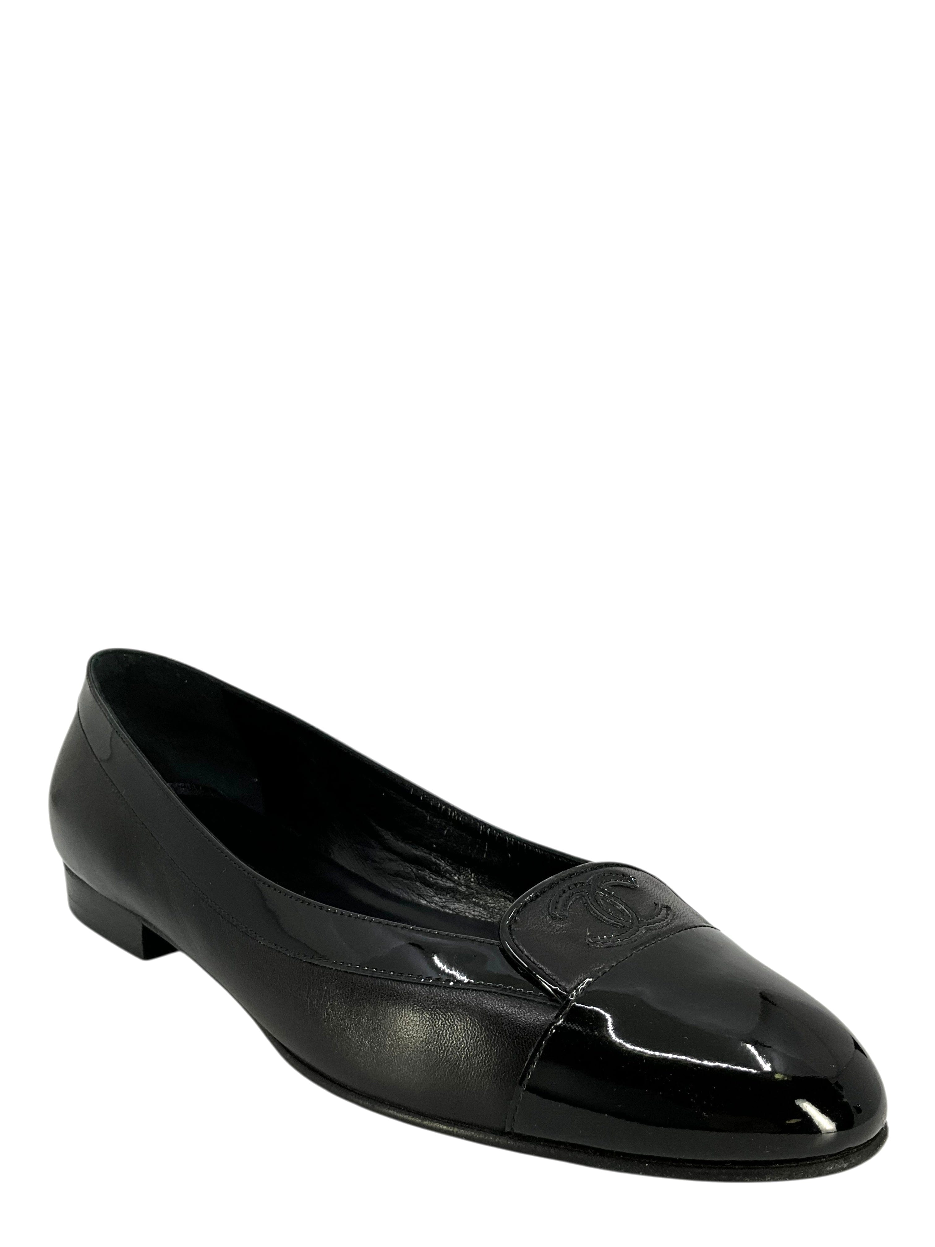 Chanel Calfskin Patent Leather Cap Toe Ballerina Flats Size 10