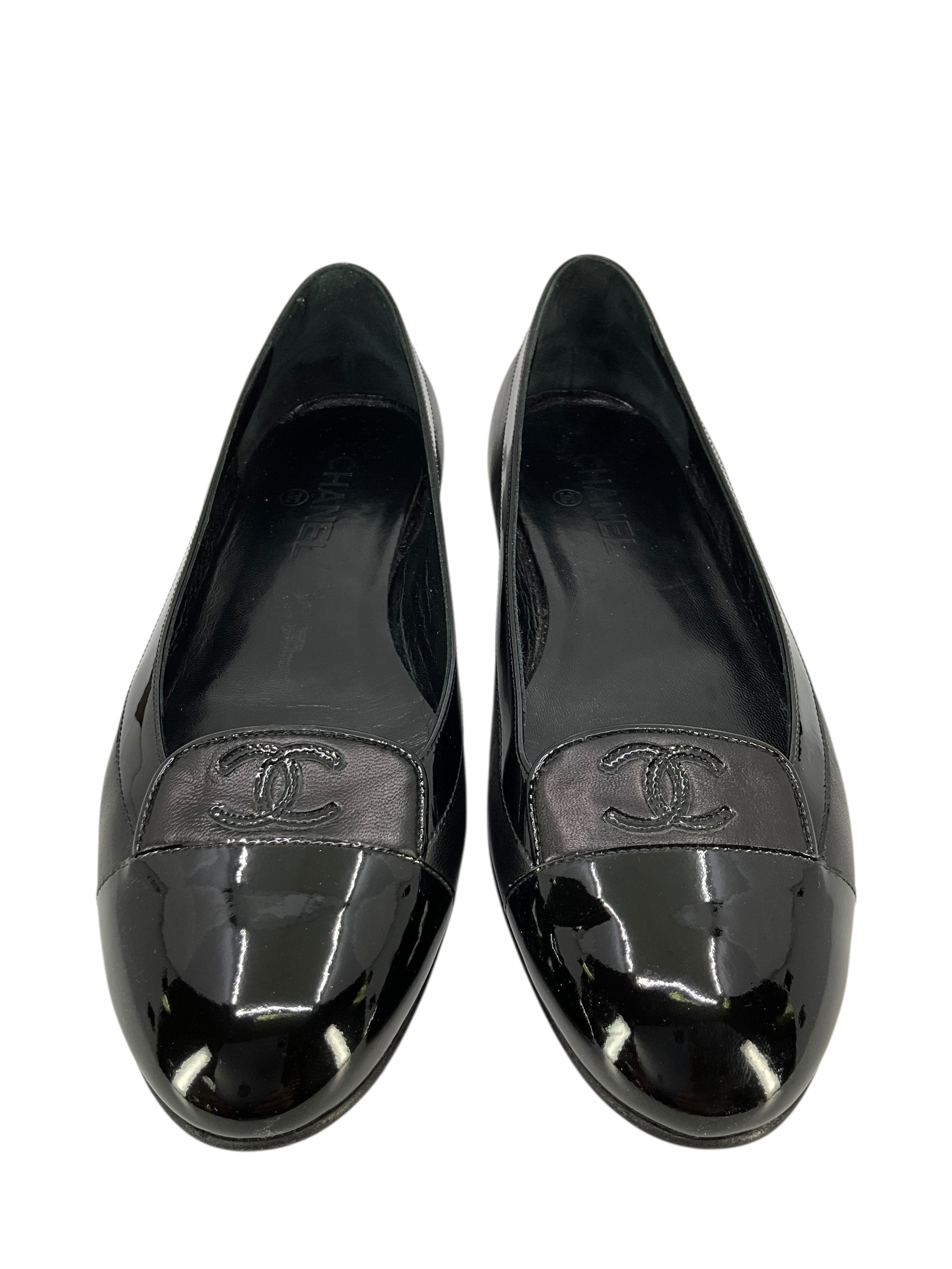 Chanel Calfskin Patent Leather Cap Toe Ballerina Flats Size 10