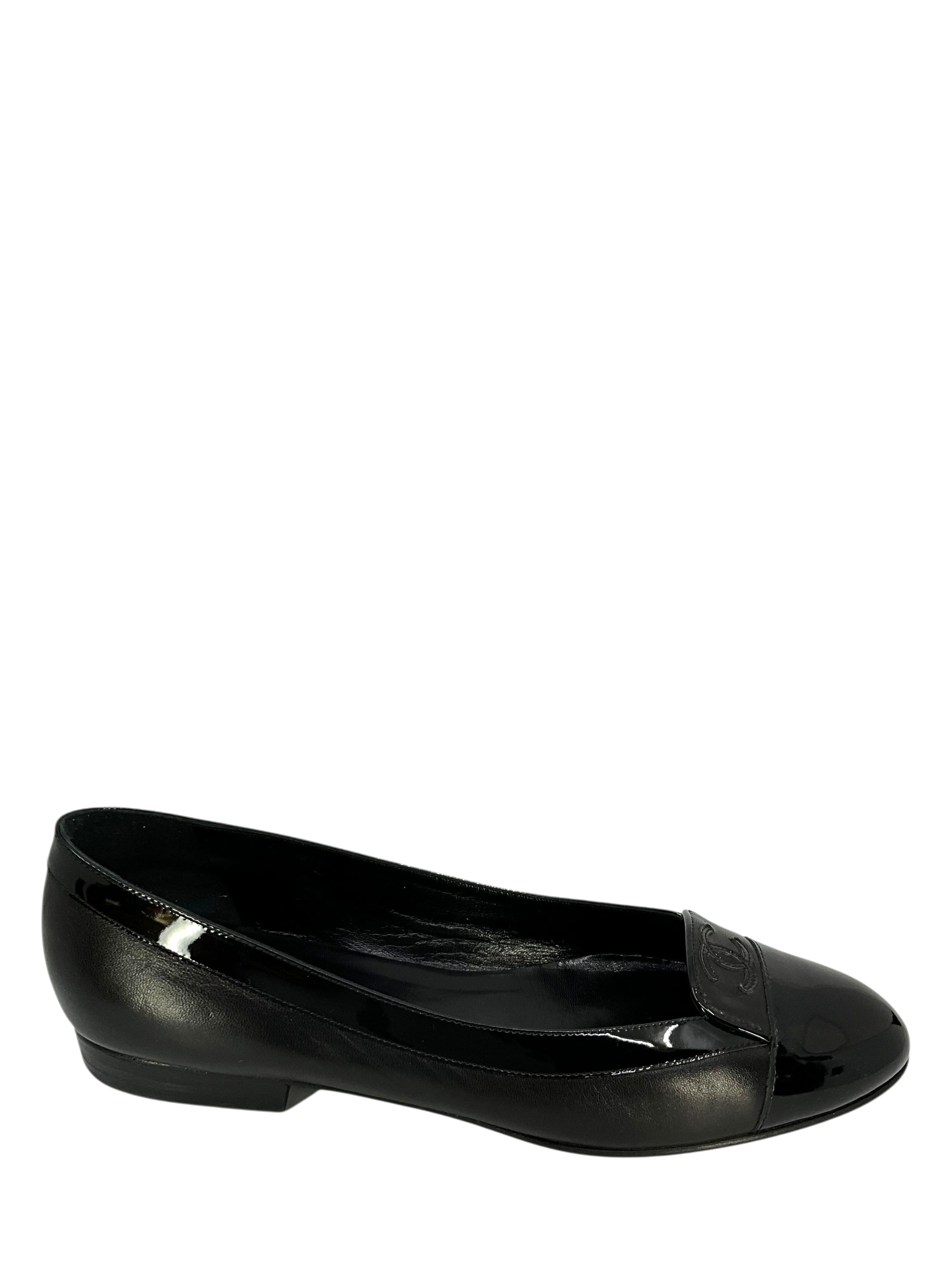 Chanel Calfskin Patent Leather Cap Toe Ballerina Flats Size 10