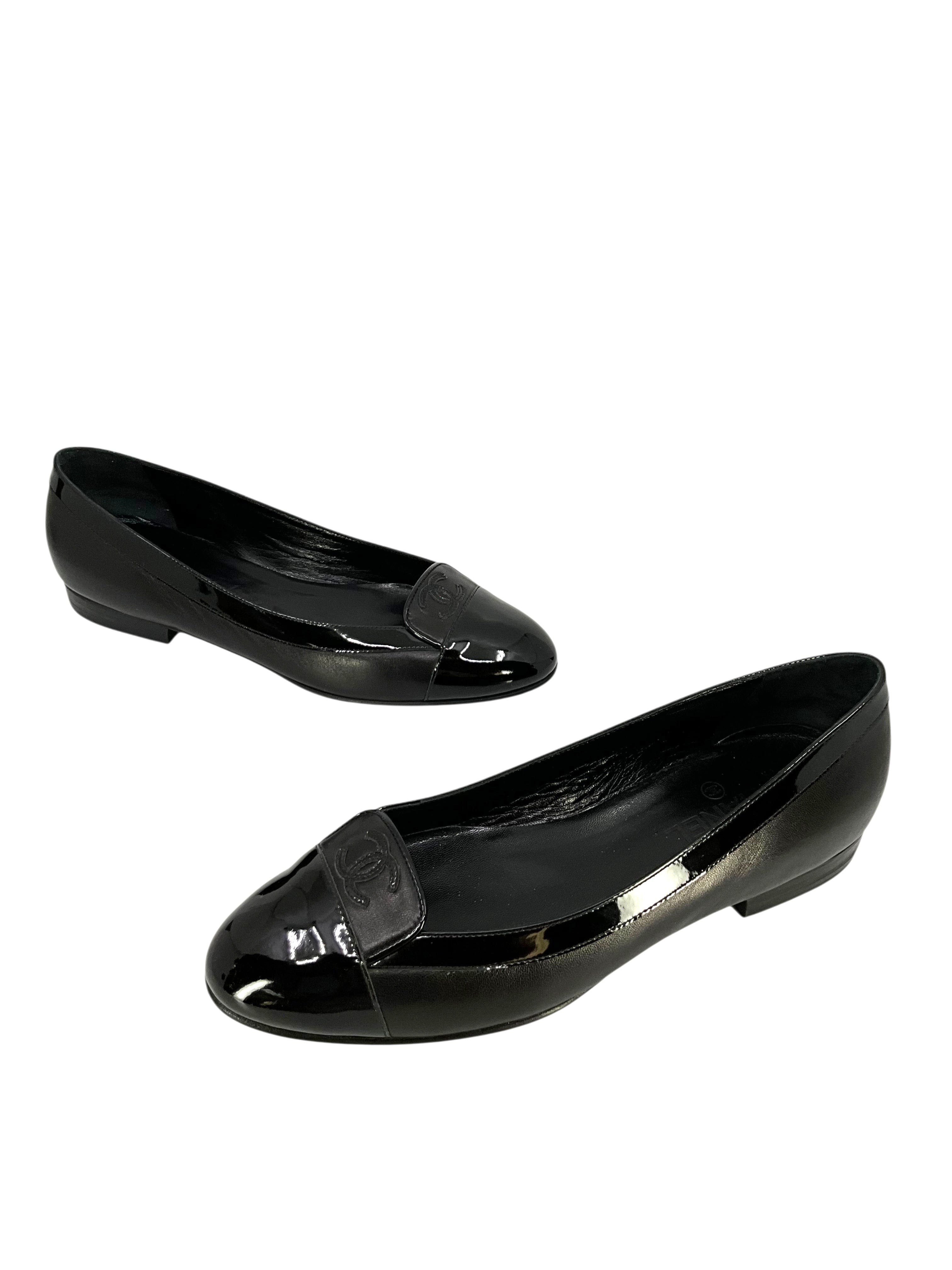 Chanel Calfskin Patent Leather Cap Toe Ballerina Flats Size 10