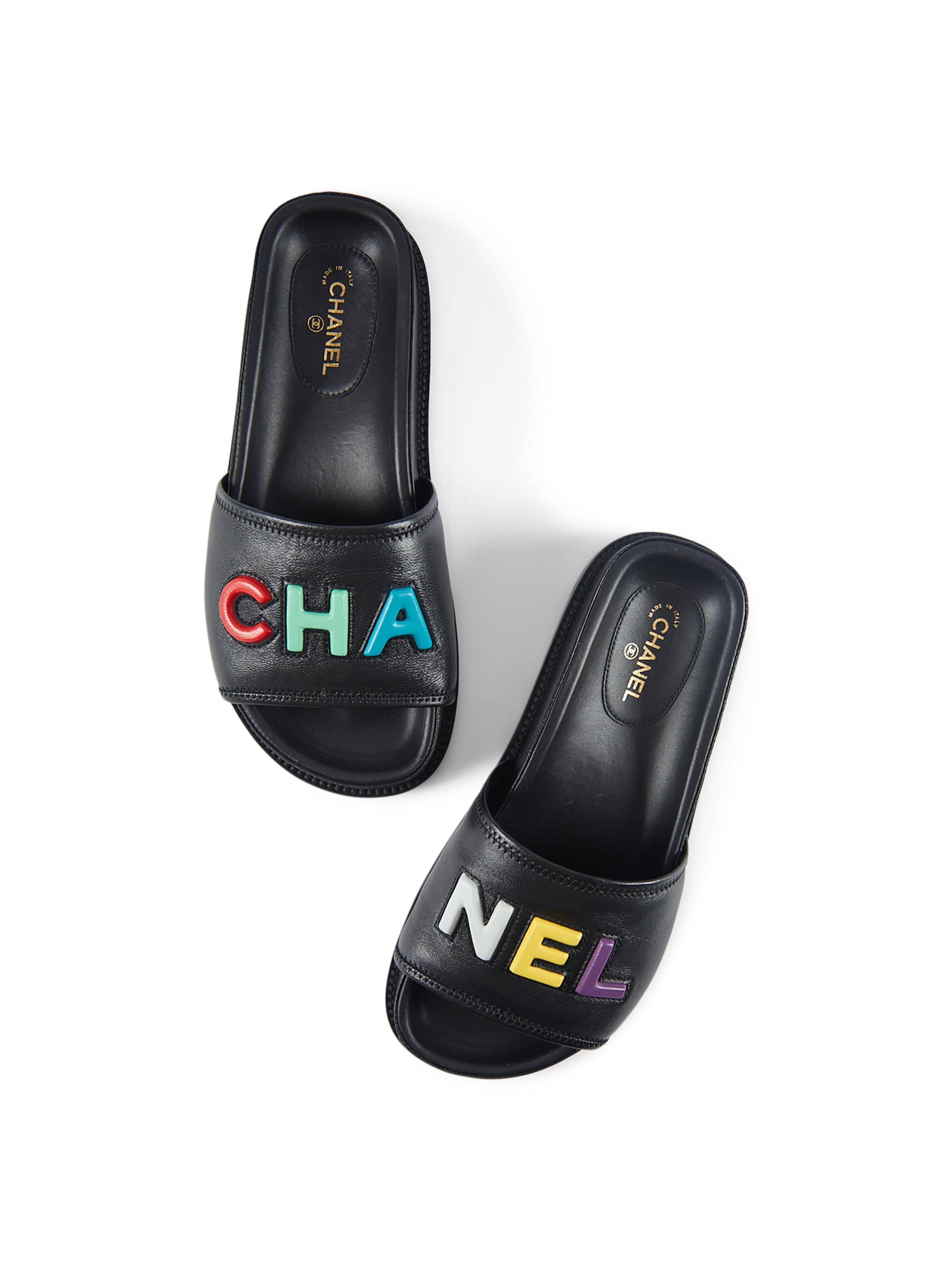 CHANEL SLIDE SANDALS Black with Multicolour Logo - Size 37
