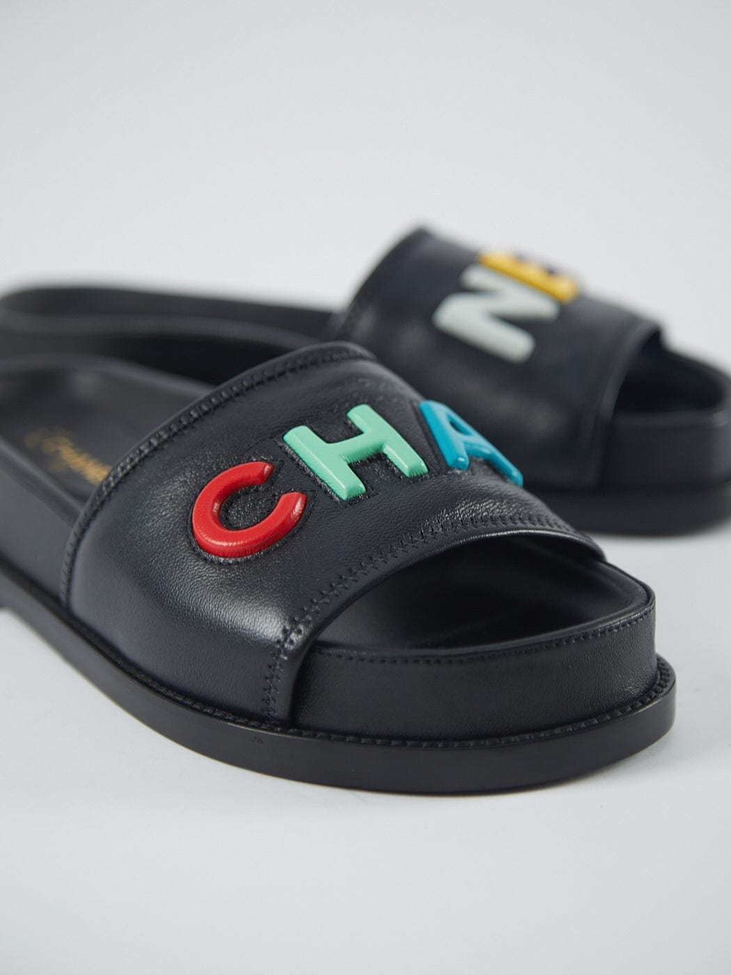 CHANEL SLIDE SANDALS Black with Multicolour Logo - Size 37